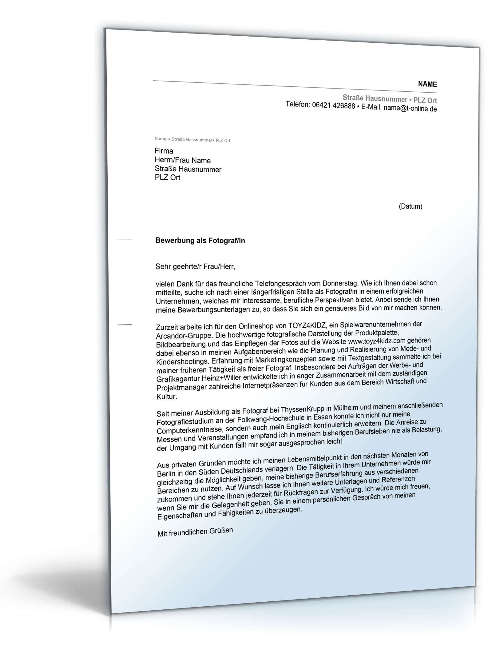 Anschreiben Bewerbung Fotograf Excel