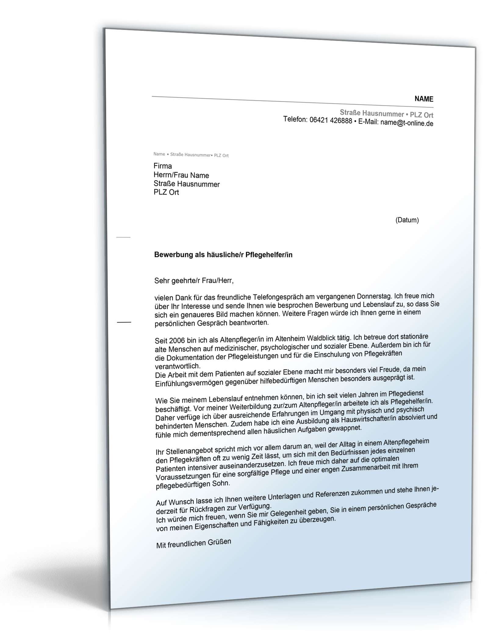 Anschreiben Bewerbung Pflegehelfer PDF