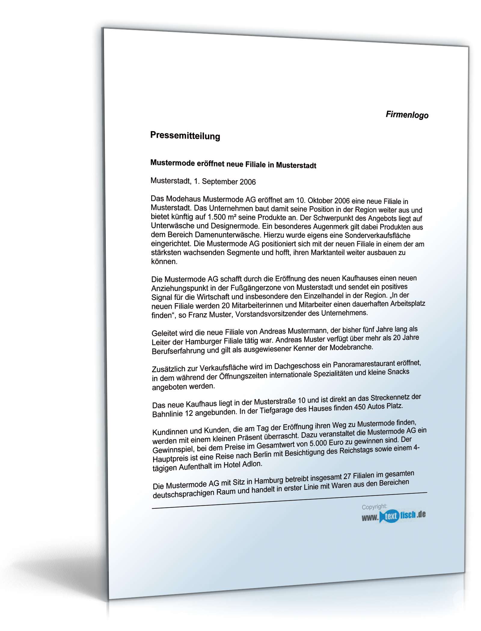 Pressemitteilung über die Eröffnung einer Bekleidungsgeschäft-Filiale