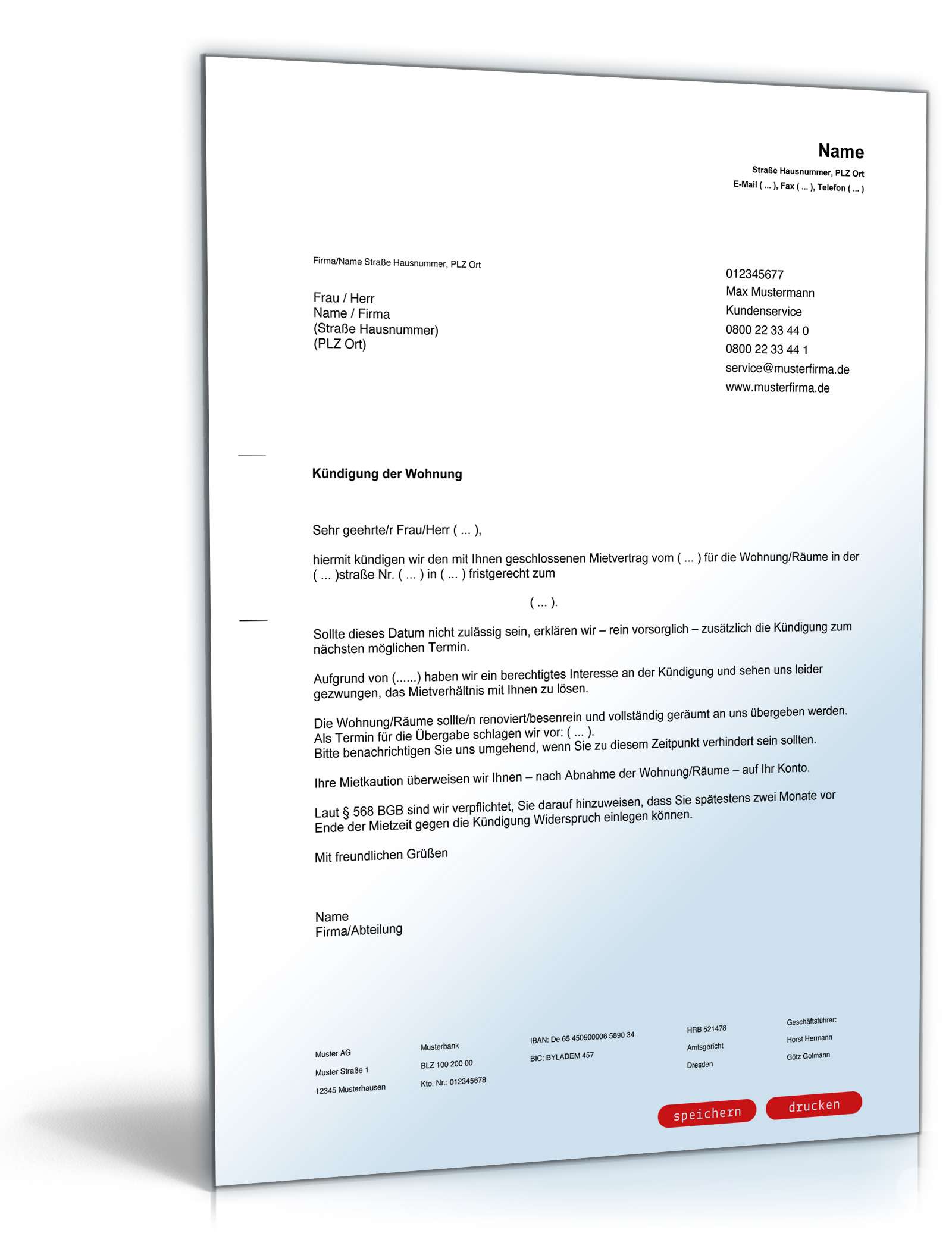 Fristgemäße Kündigung Mietvertrag durch Vermieter PDF