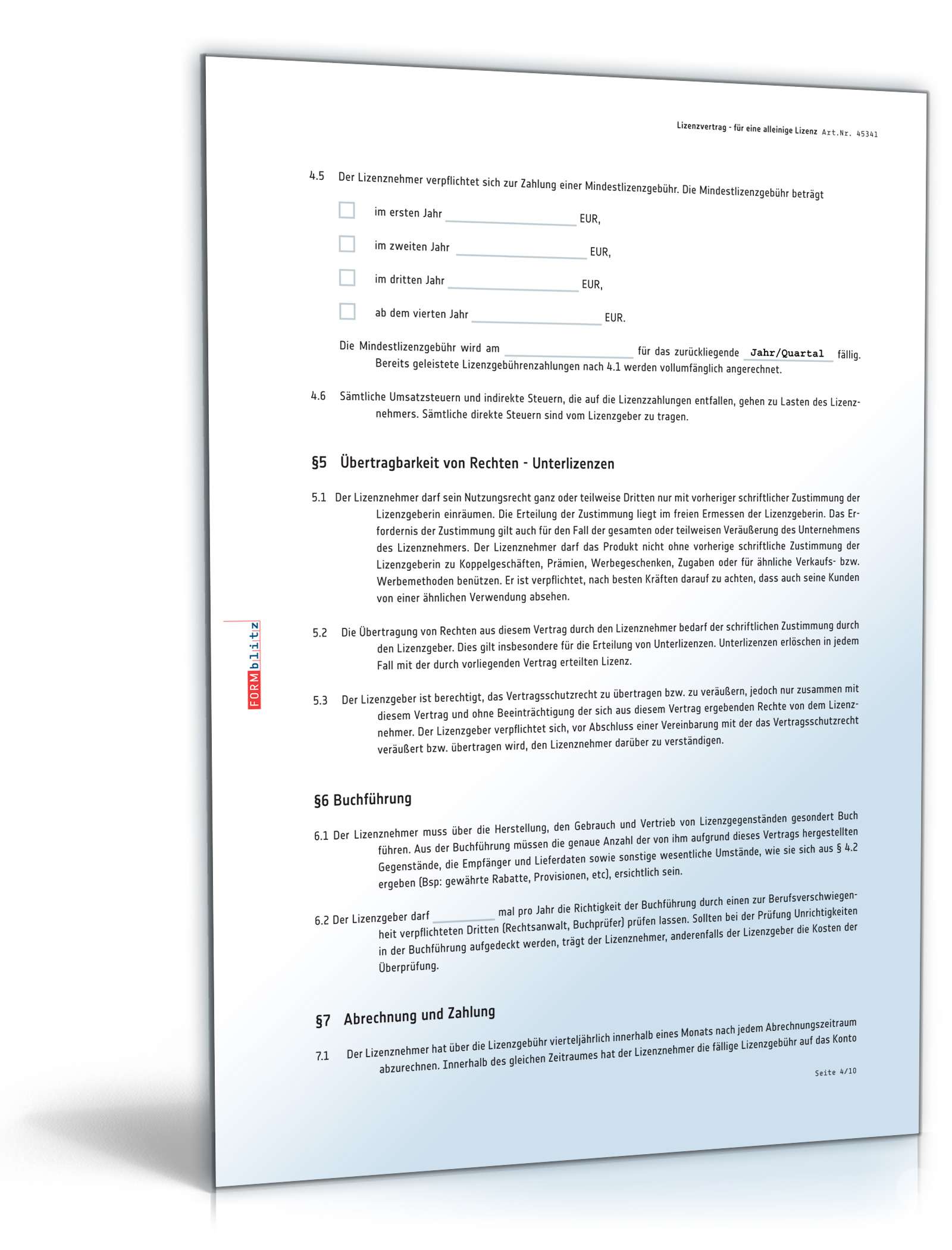 Lizenzvertrag alleinige Lizenz PDF. Seite: 4