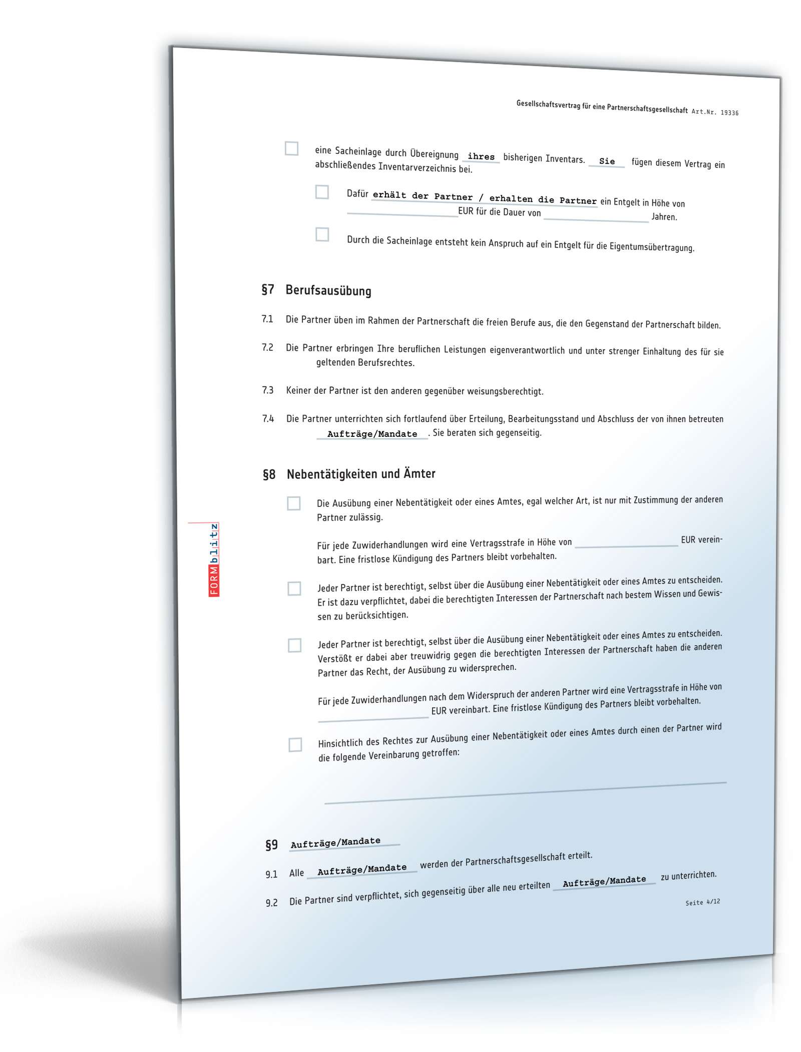 Gesellschaftsvertrag Partnerschaftsgesellschaft | Muster zum Download