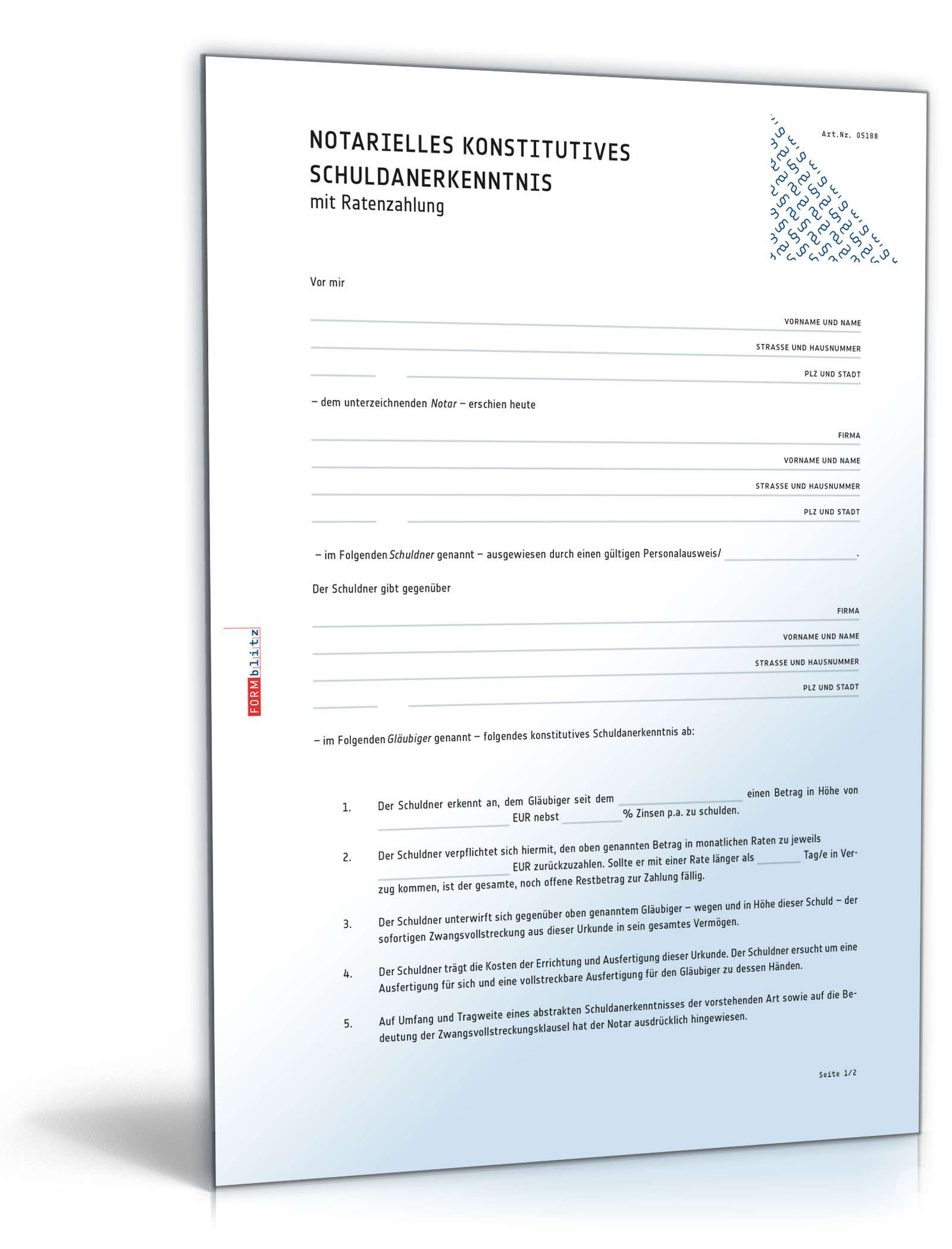 Notarielles konstitutives Schuldanerkenntnis mit Ratenzahlung PDF