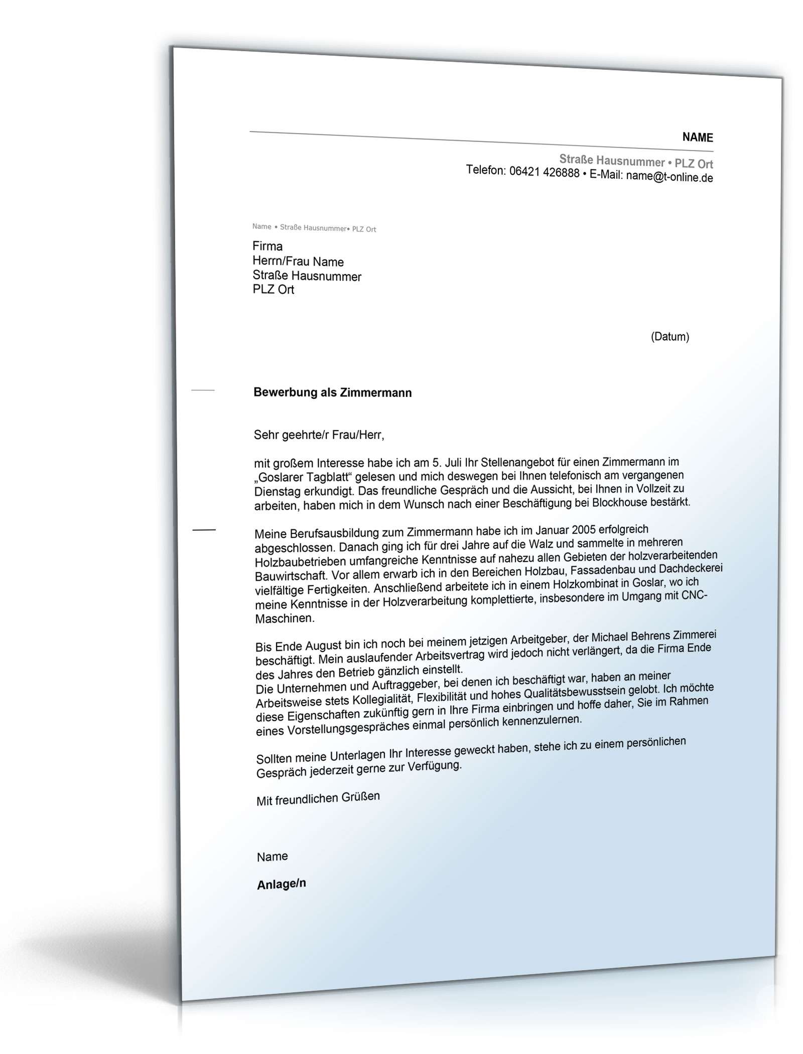 Anschreiben Bewerbung Zimmermann Excel