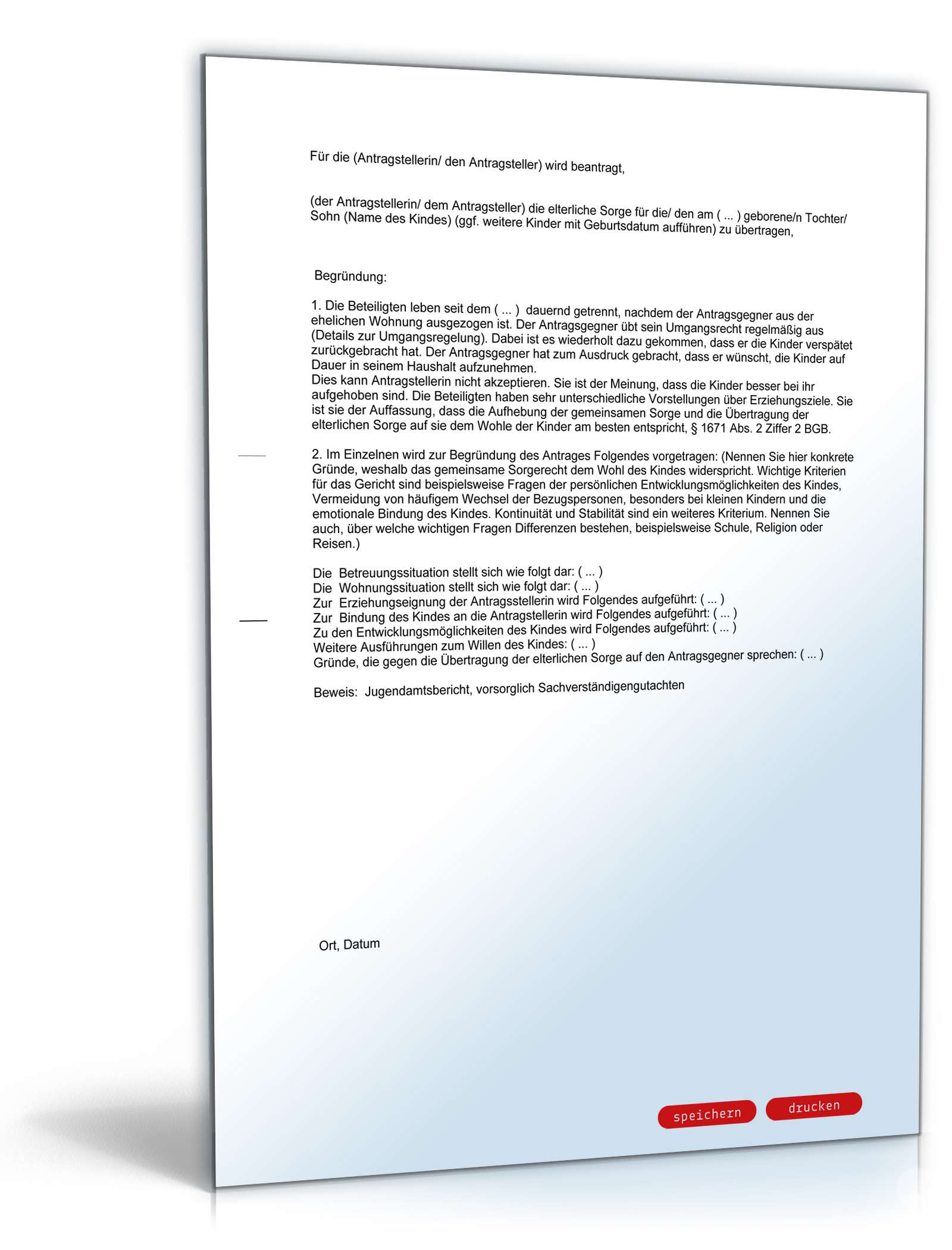 Antrag auf Übertragung des alleinigen Sorgerechts PDF. Seite: 2