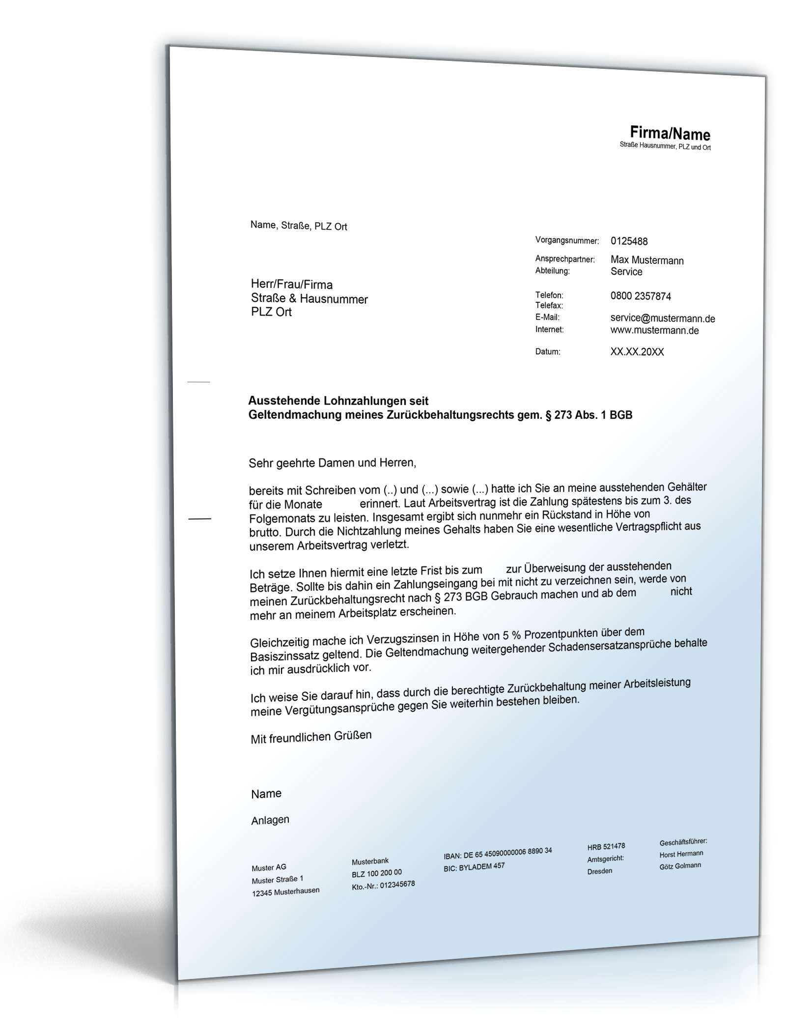 Geltendmachung des Zurückbehaltungsrechts Word