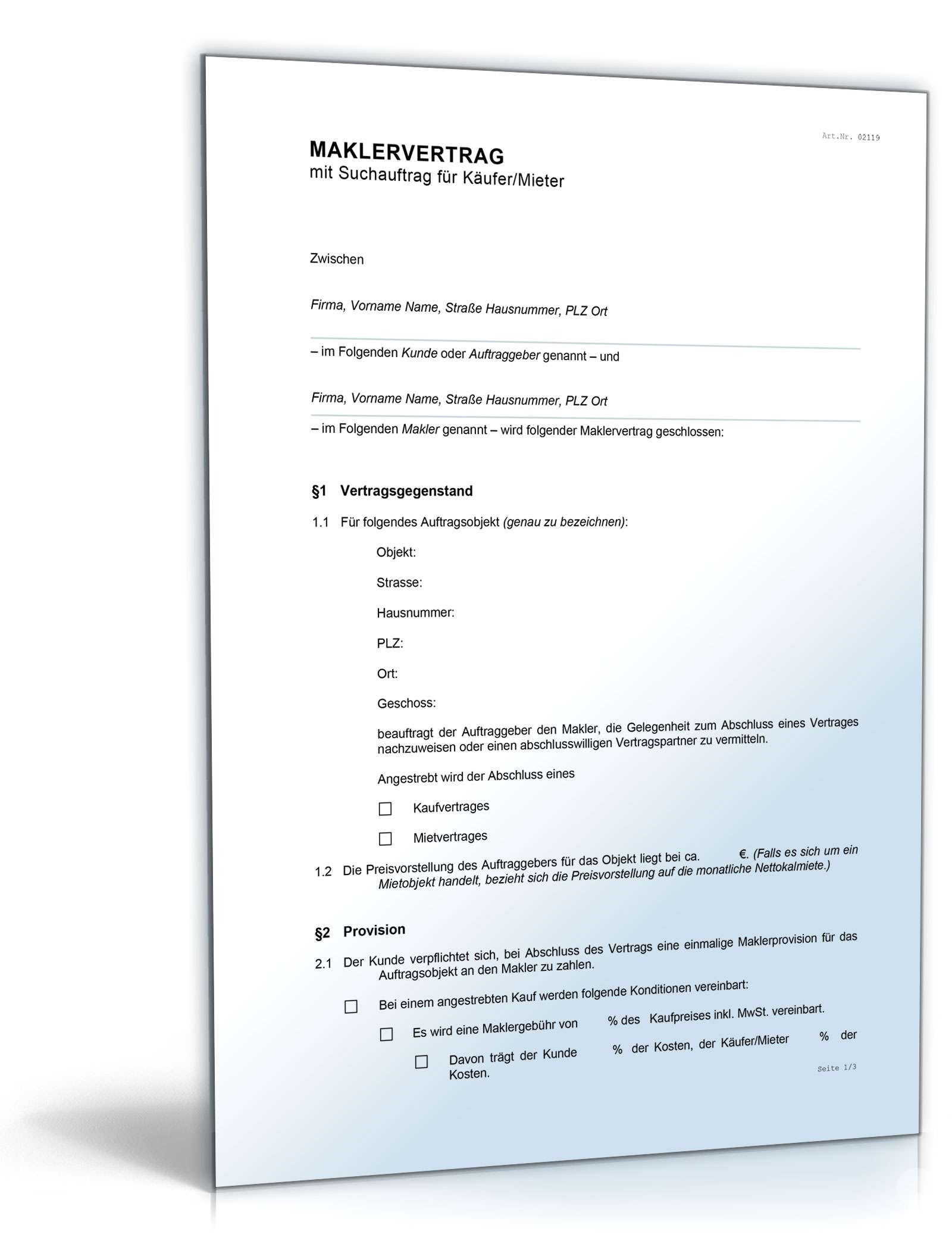 Maklervertrag Suchauftrag Mieter Word