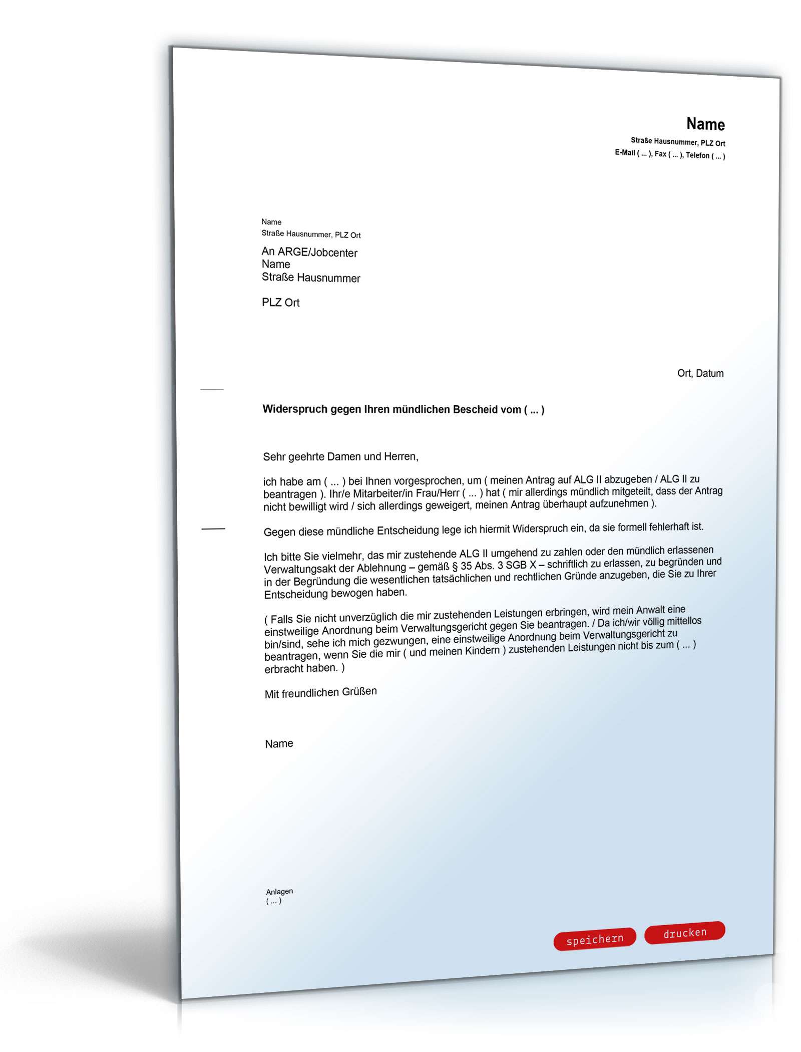 Widerspruch mündlicher Ablehnungsbescheid ALG II PDF