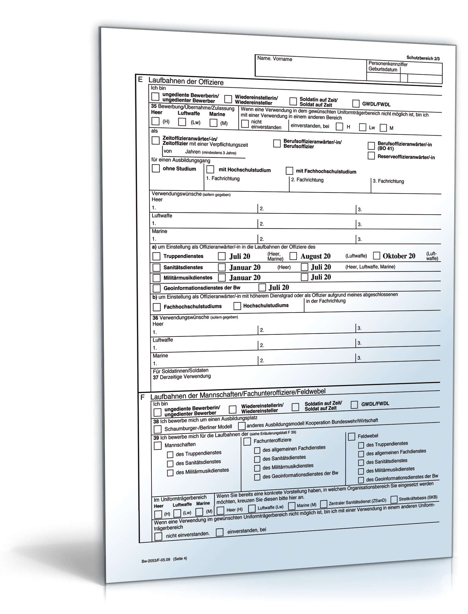 Bewerbungsbogen Freiwilligendienst Bundeswehr (FWD) PDF. Seite: 4