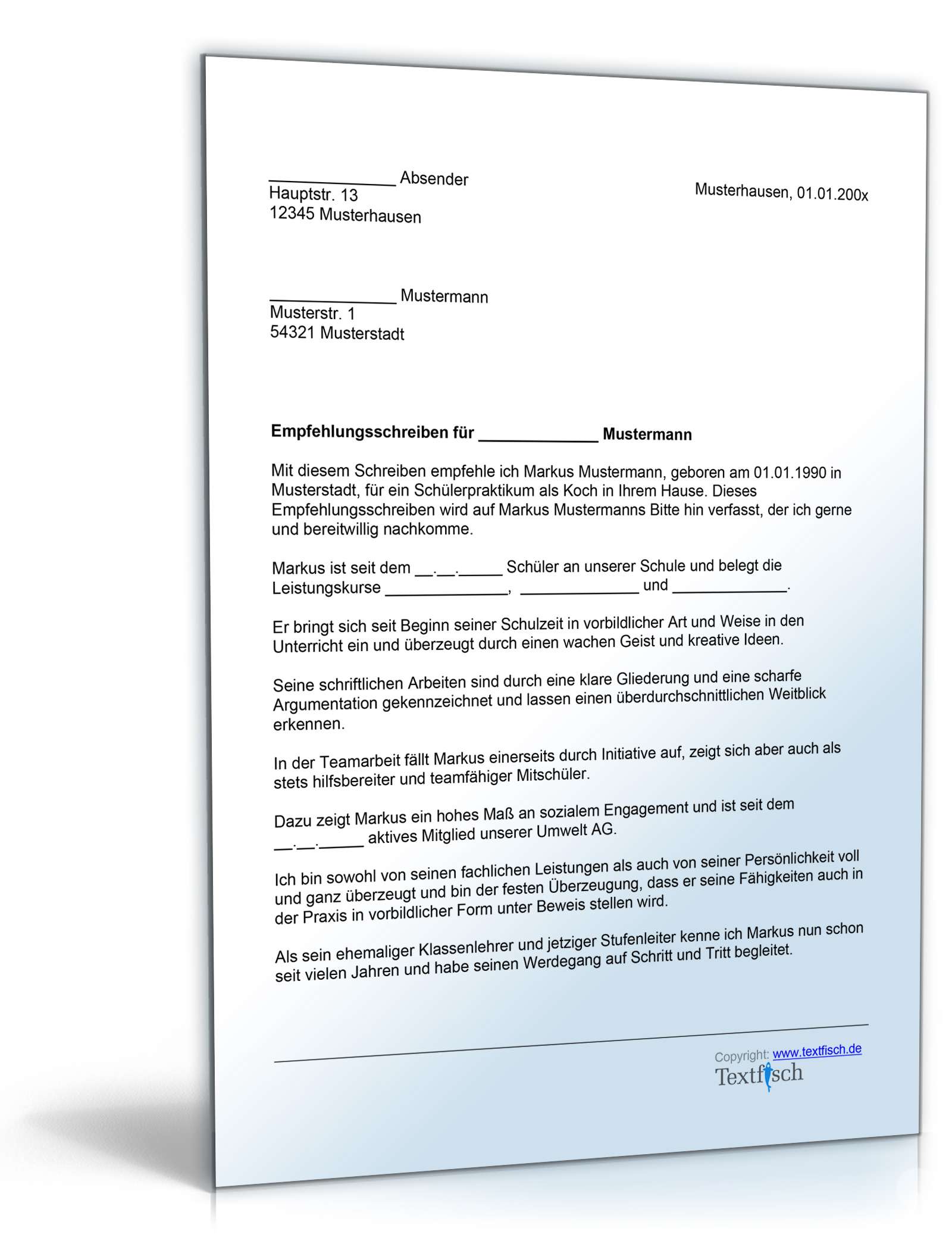 Empfehlung eines Schülers Word