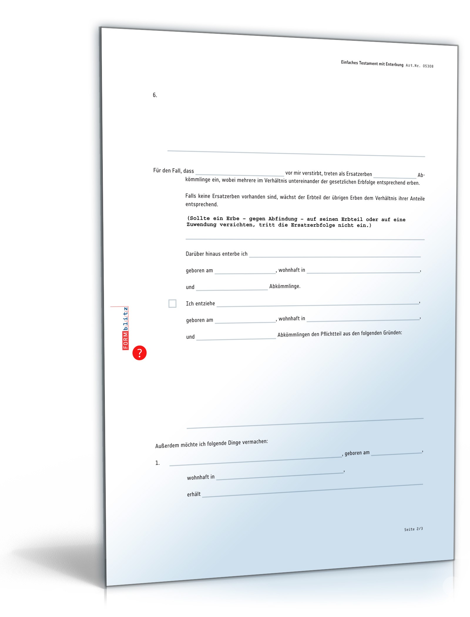 Einfaches Testament mit Enterbung und Pflichtteilsentzug PDF. Seite: 2