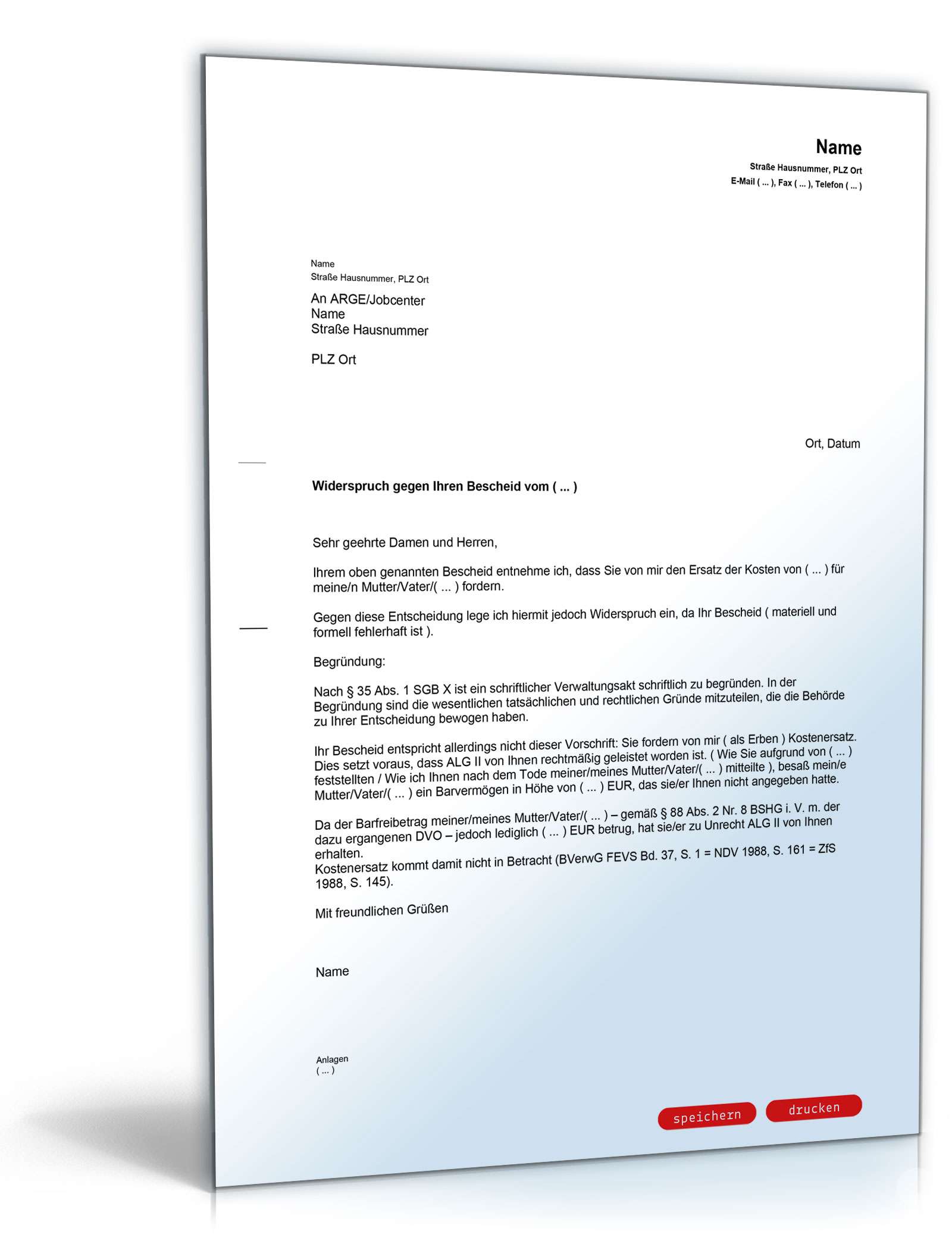 Widerspruch gegen einen Bescheid des Jobcenters PDF