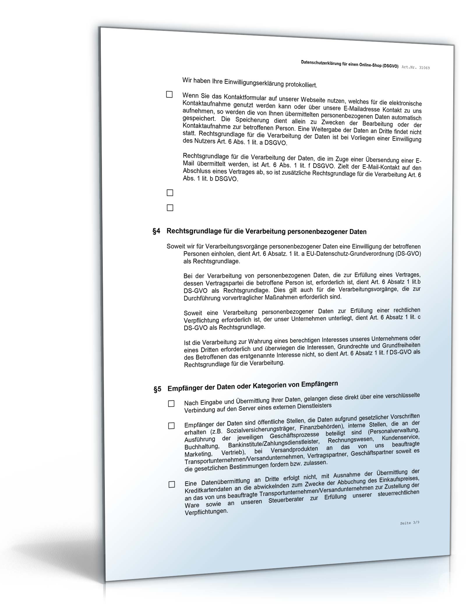 Datenschutzerklärung Online-Shop DSGVO Word. Seite: 3