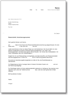 Inanspruchnahme Reiserücktrittskostenversicherung Word