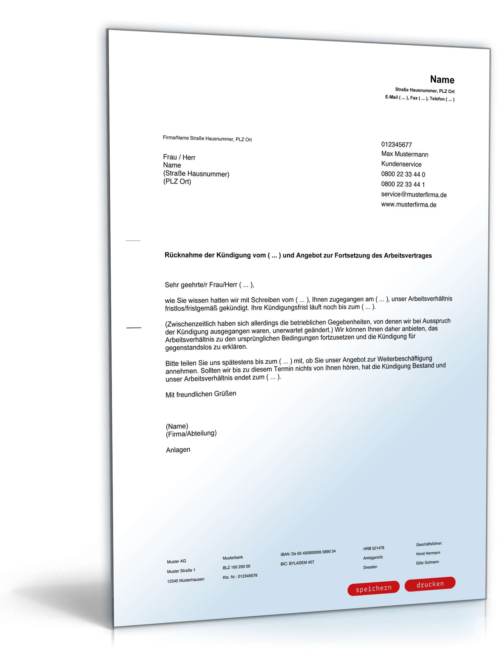 Rücknahme Kündigung Arbeitsvertrag PDF