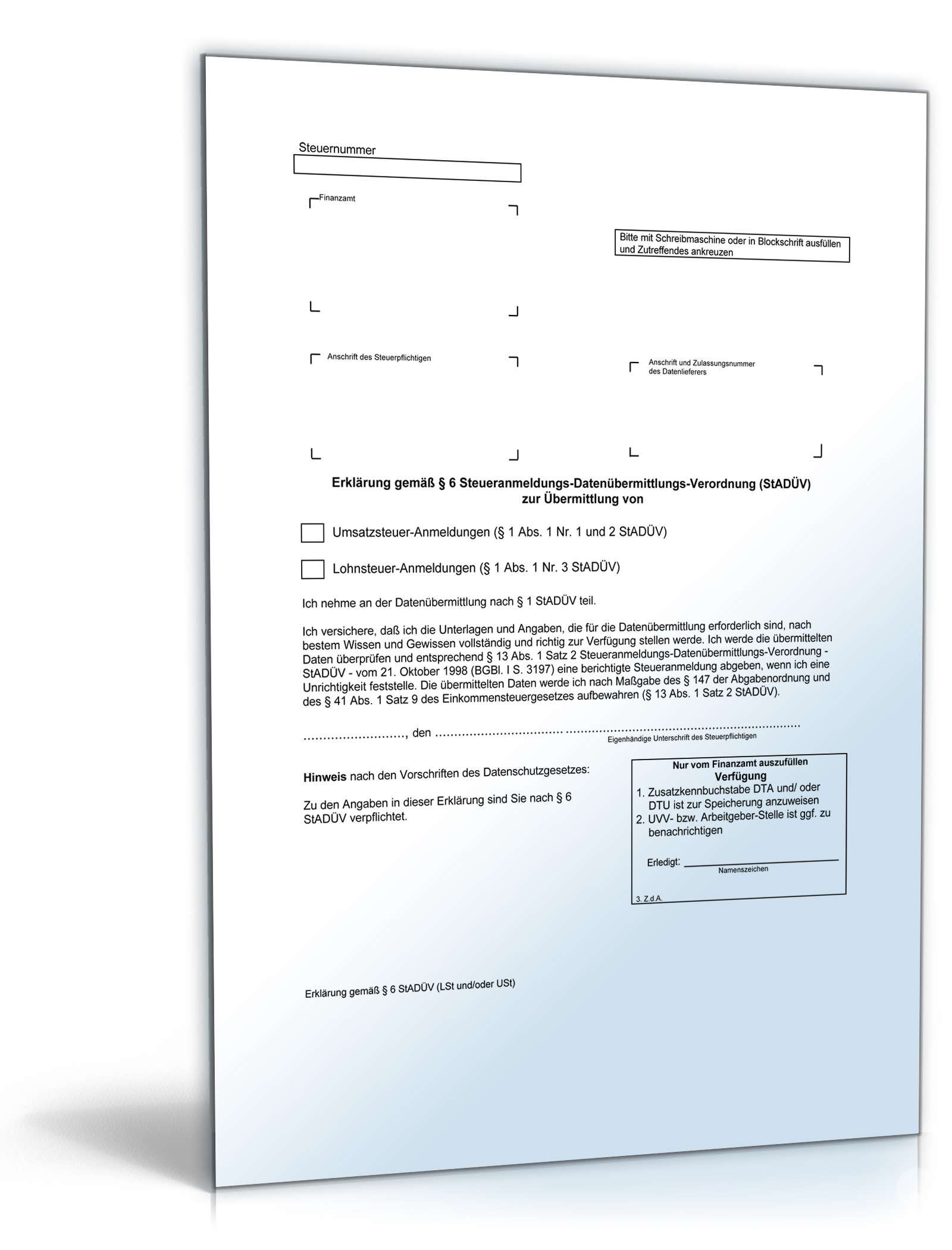 Erklärung gemäß § 6 Steueranmeldungs-Datenübermittlungs-Verordnung PDF