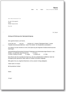 Antrag auf Genehmigung einer Straßensperrung für Polterabend, Dreh etc. Word