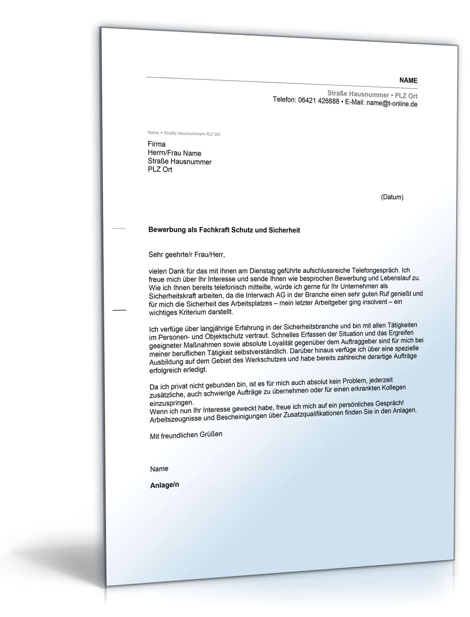 Anschreiben Bewerbung Sicherheitsdienst Excel