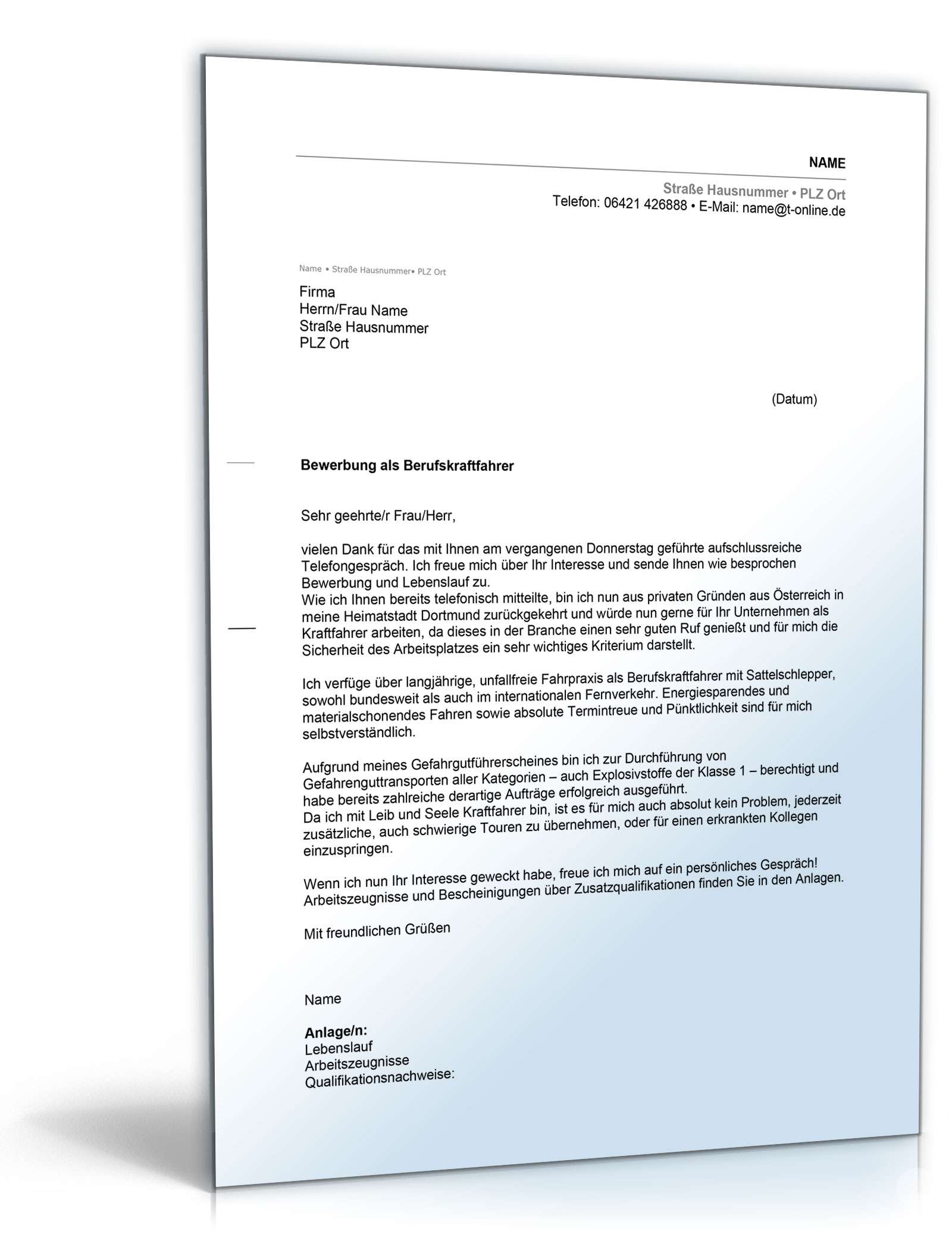 Anschreiben Bewerbung Berufskraftfahrer Excel