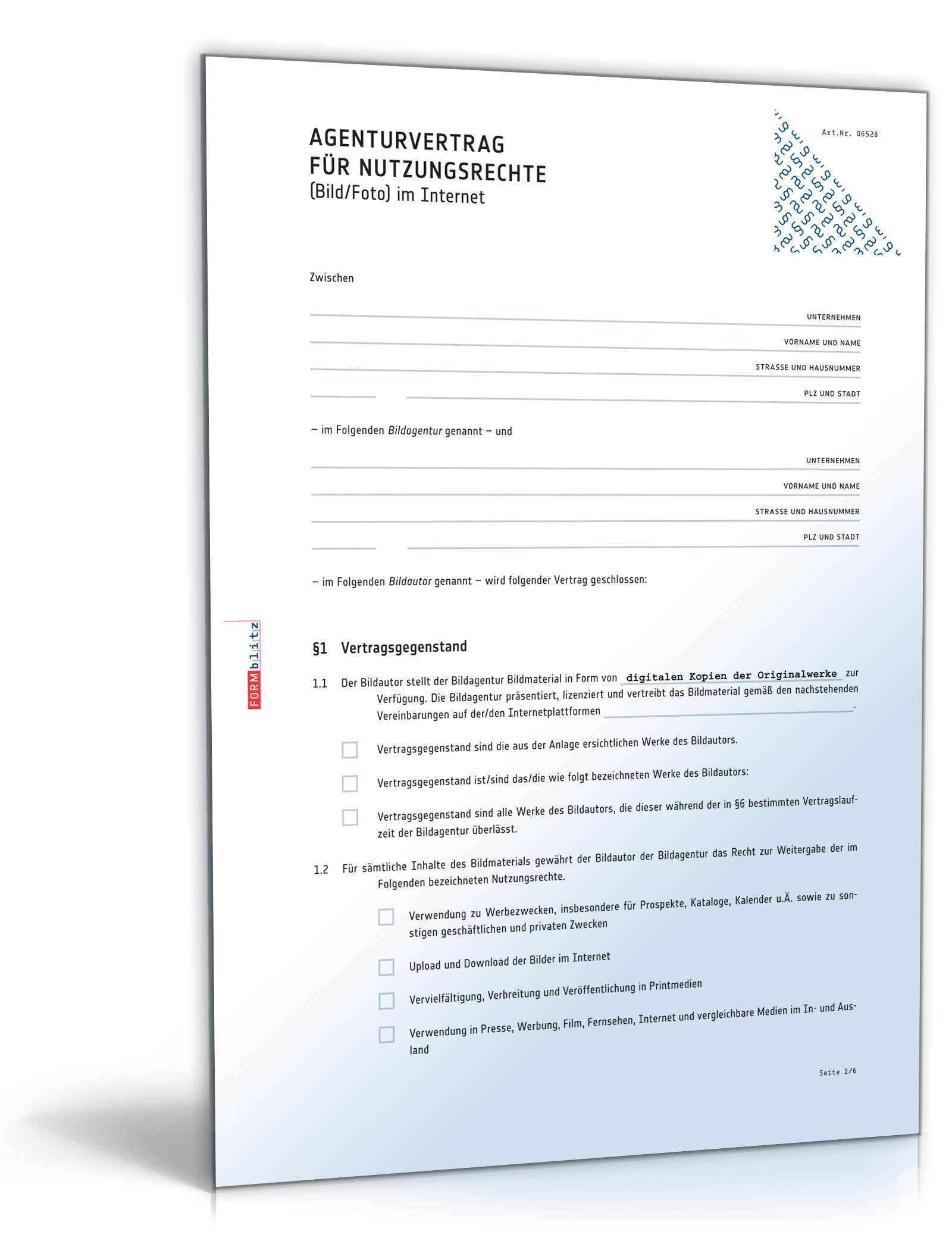 Agenturvertrag Nutzungsrechte Bild im Internet PDF