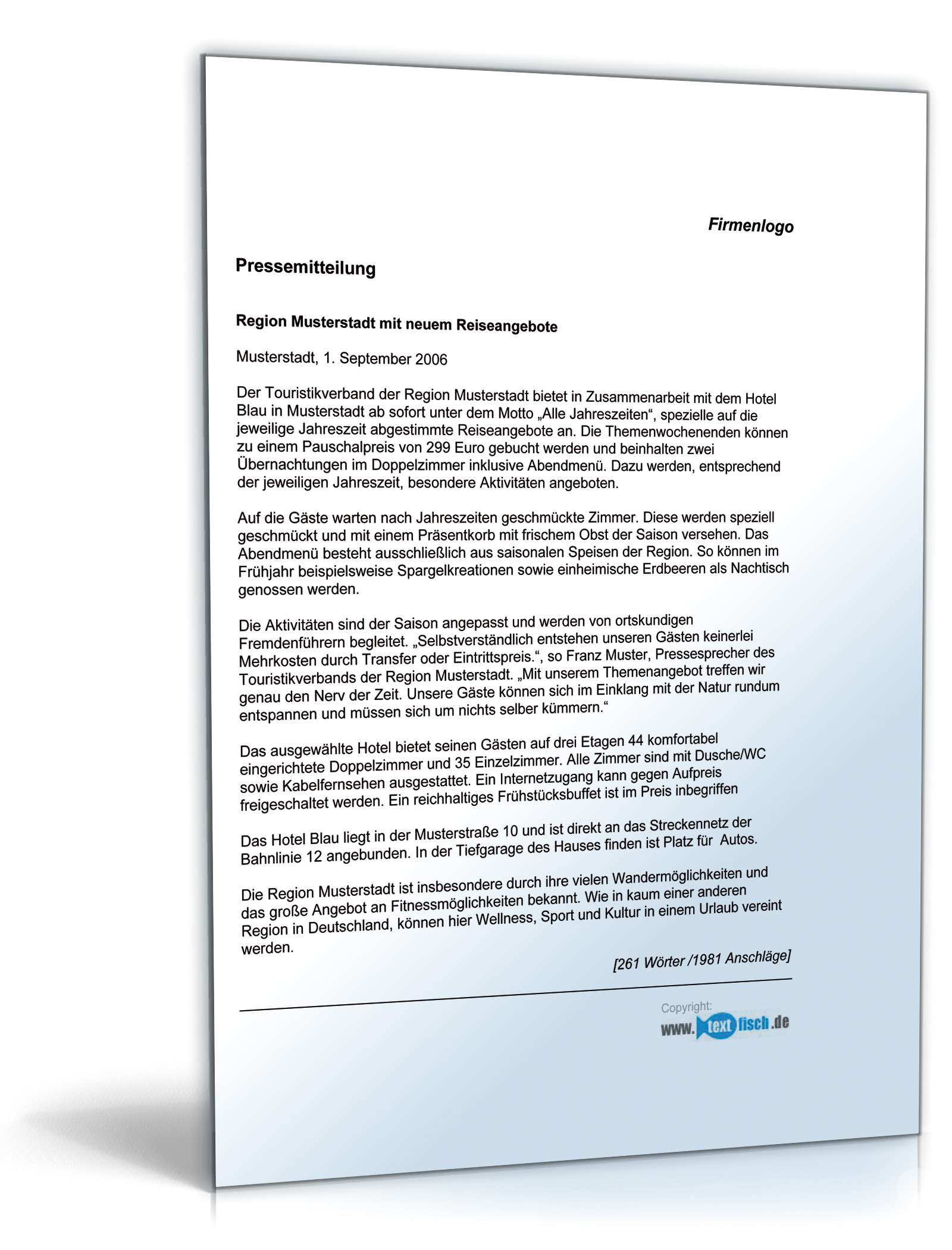 Pressemitteilung über neues Reiseangebot in der Region