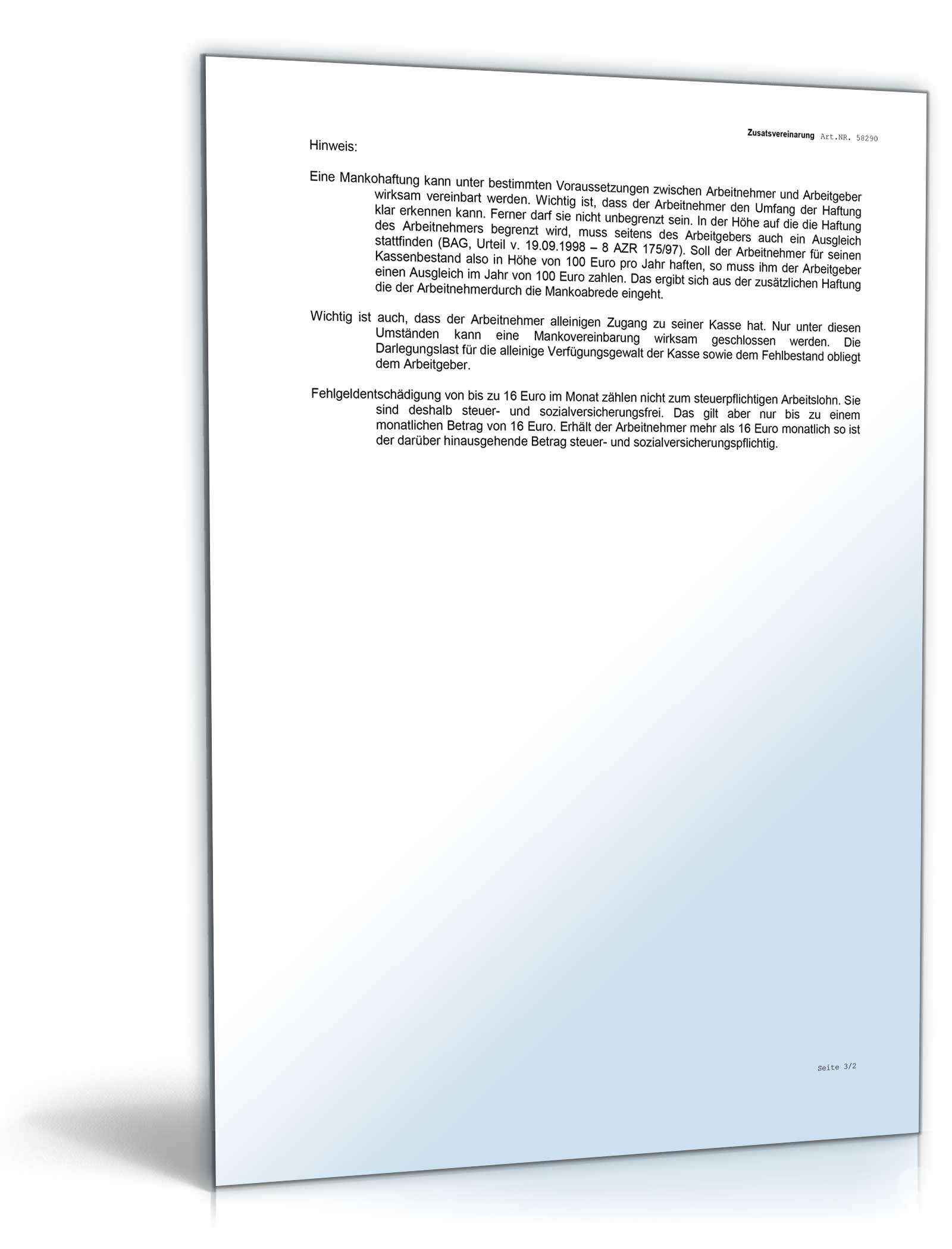 Zusatzvereinbarung Mankoabrede Word. Seite: 4