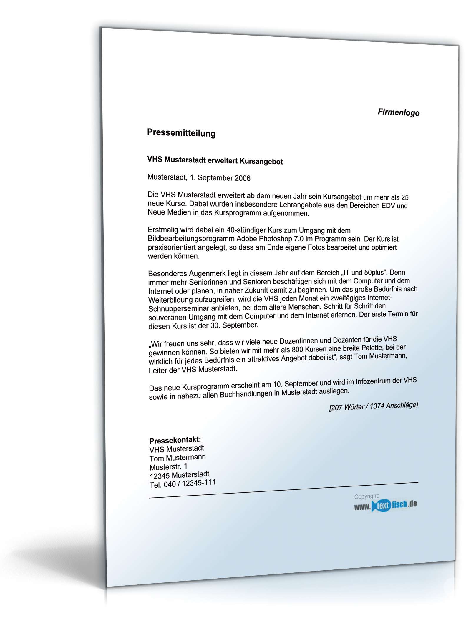 Pressemitteilung Ankündigung über neues Kursangebot