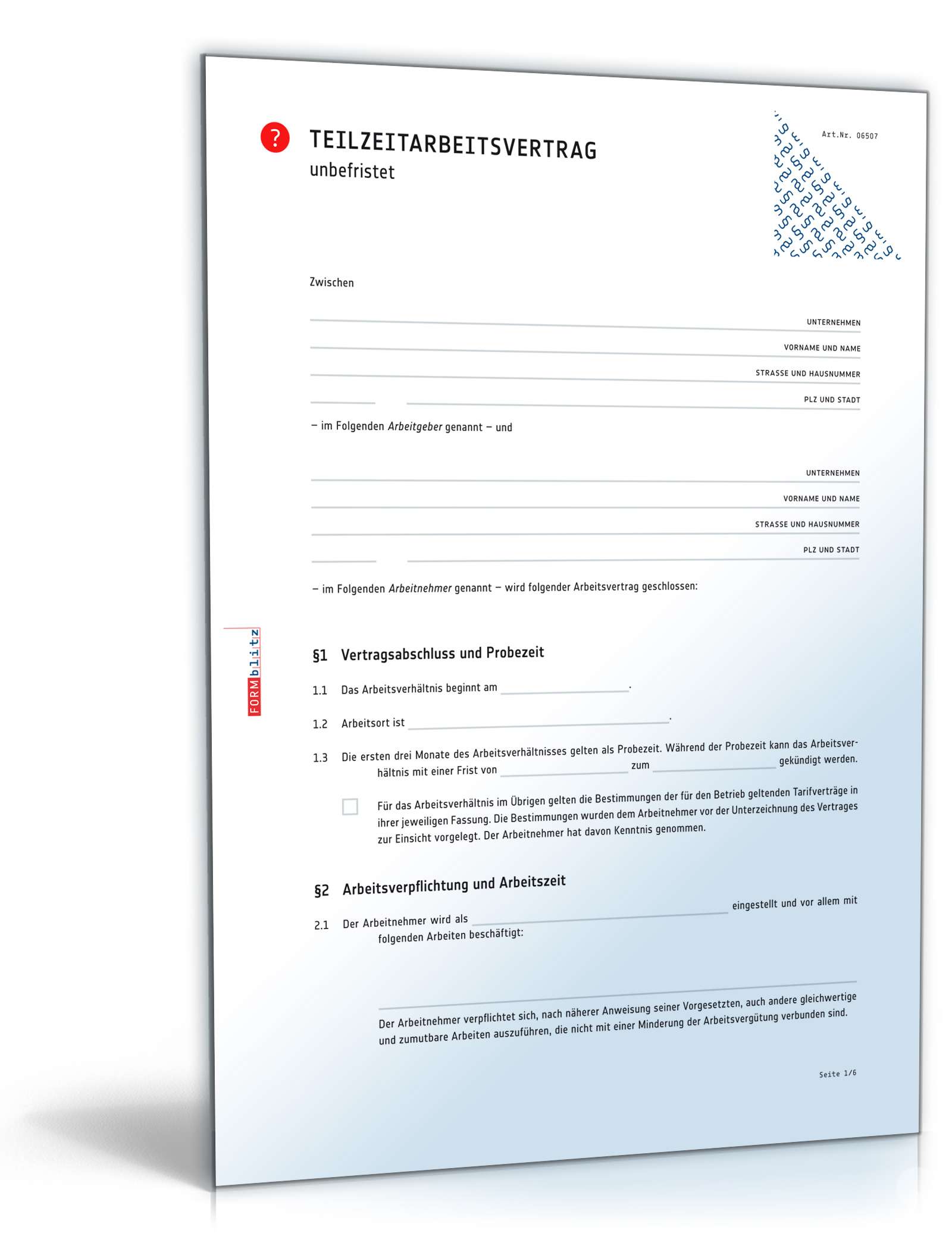 Unbefristeter Teilzeitarbeitsvertrag mit möglicher Tarifbindung Word