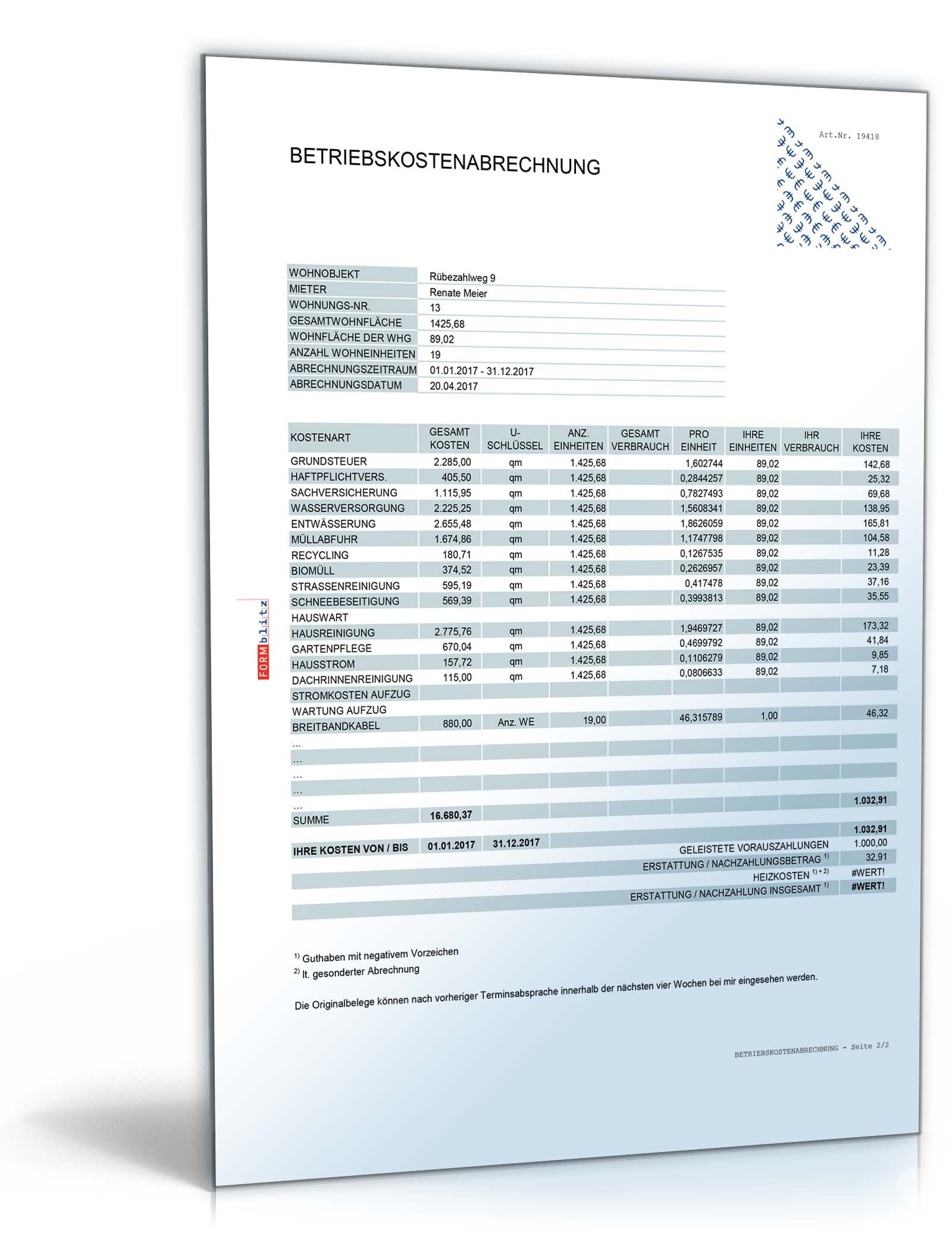Betriebs- und Heizkostenabrechnung Excel. Seite: 2