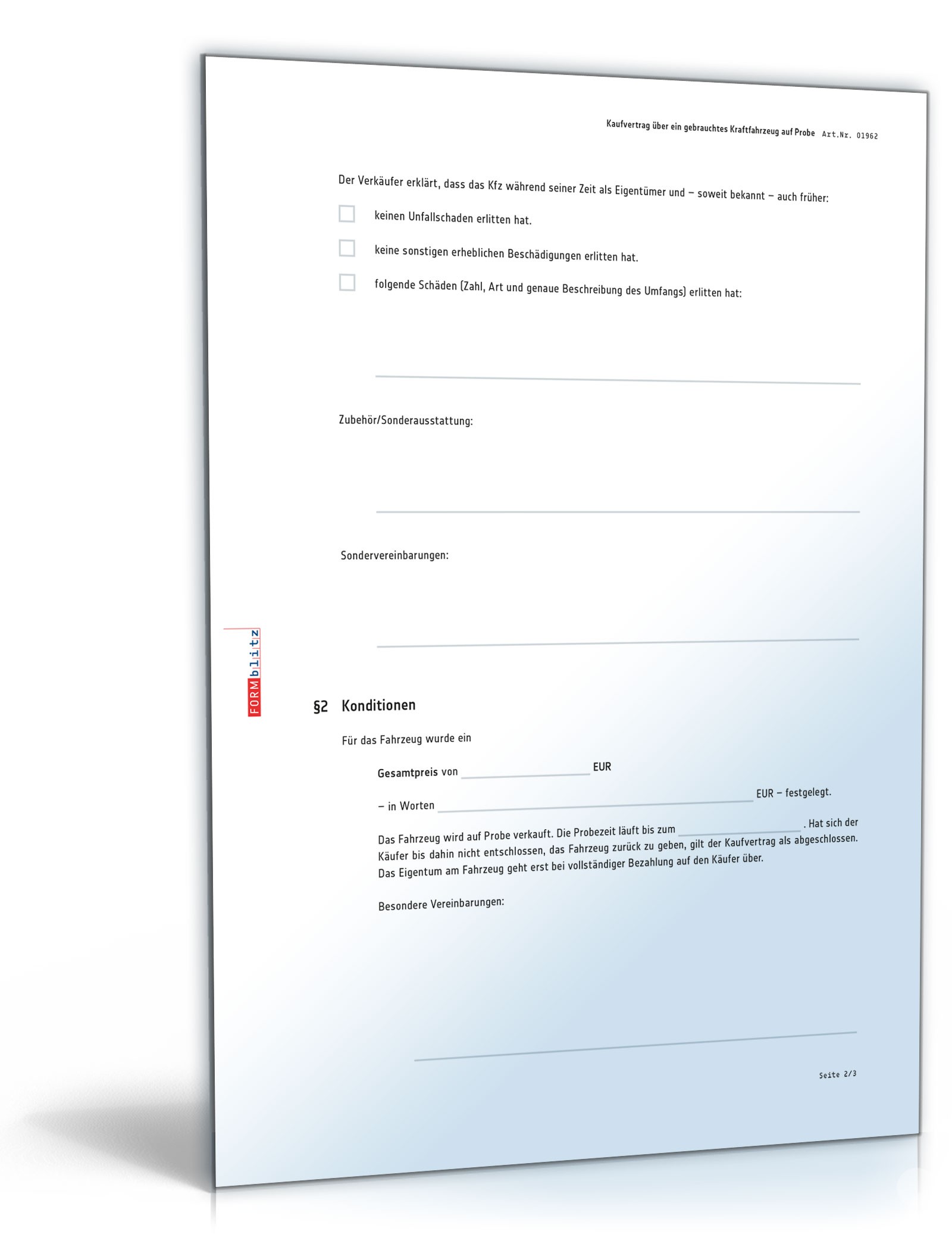 Kaufvertrag gebrauchtes Kfz auf Probe PDF. Seite: 2