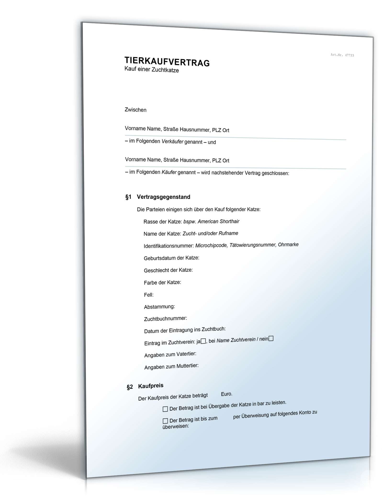 Kaufvertrag Zuchtkatze Word