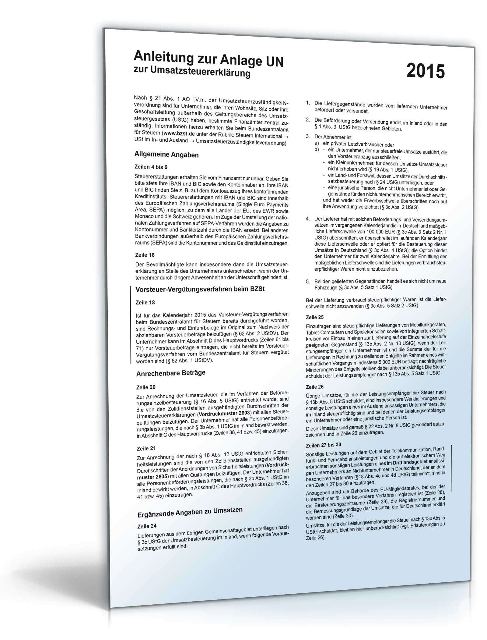 Anlage UN zur Umsatzsteuererklärung 2015 PDF. Seite: 2