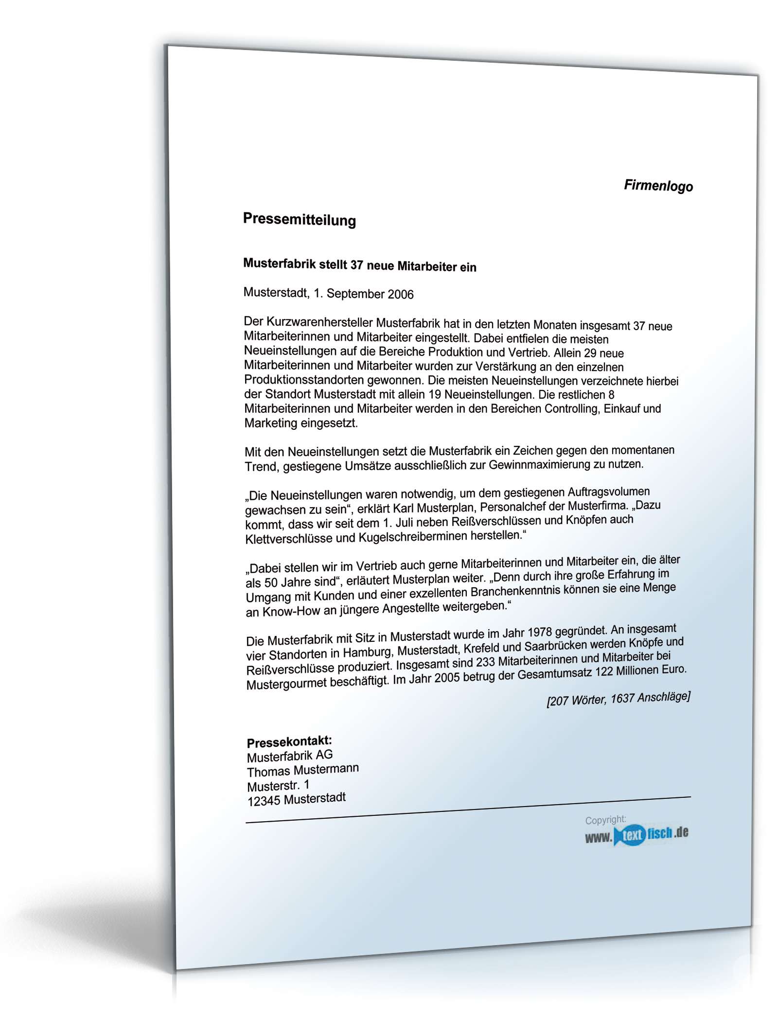 Pressemitteilung über Einstellung neuer Mitarbeiter in der Produktion PDF