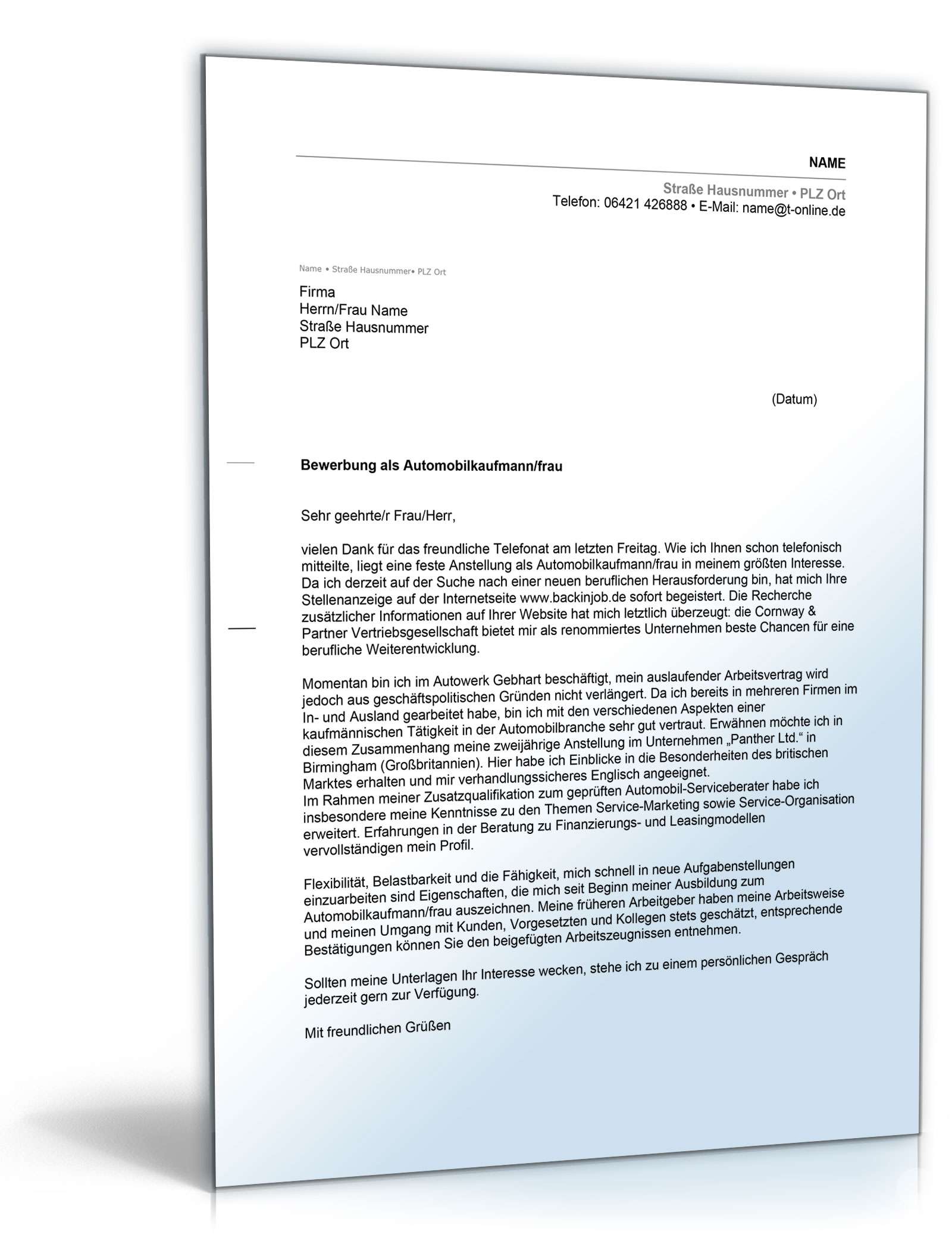 Anschreiben Bewerbung Automobilkaufmann Excel