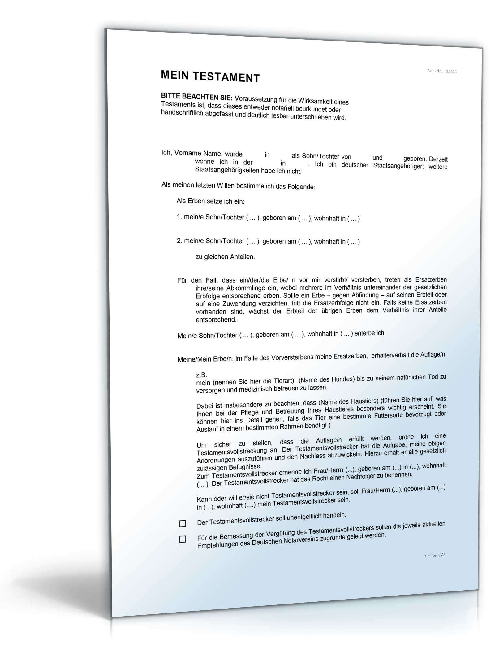 Testament für Tierhalter Word
