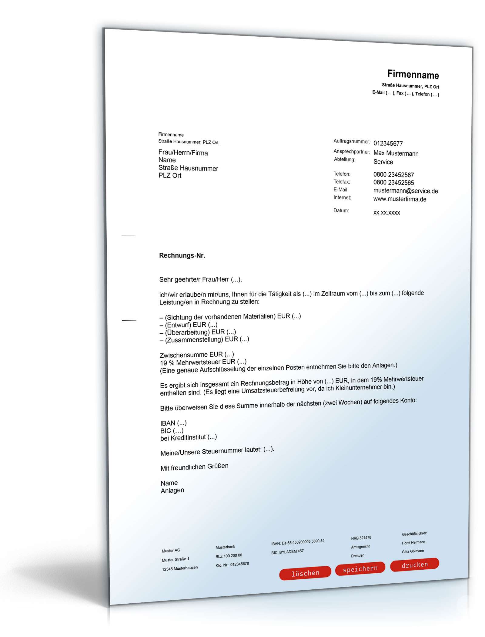 Rechnung über Honorar bei selbständiger Tätigkeit PDF