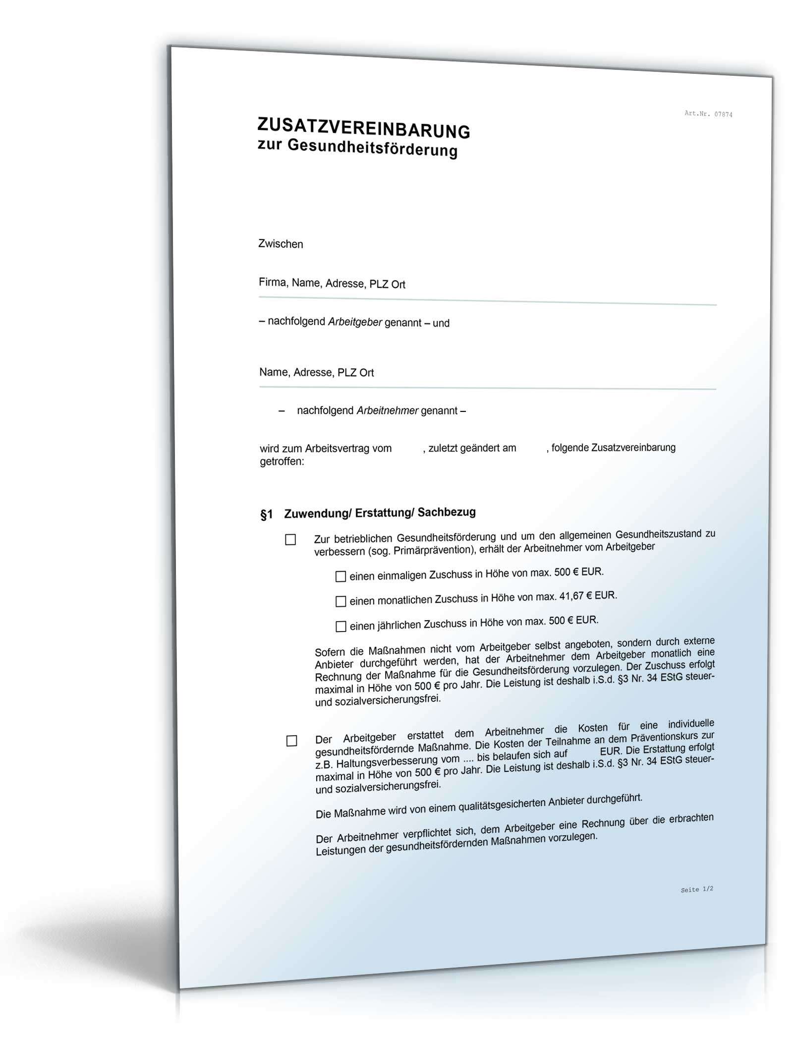 Zusatzvereinbarung zur Gesundheitsförderung Word. Seite: 2