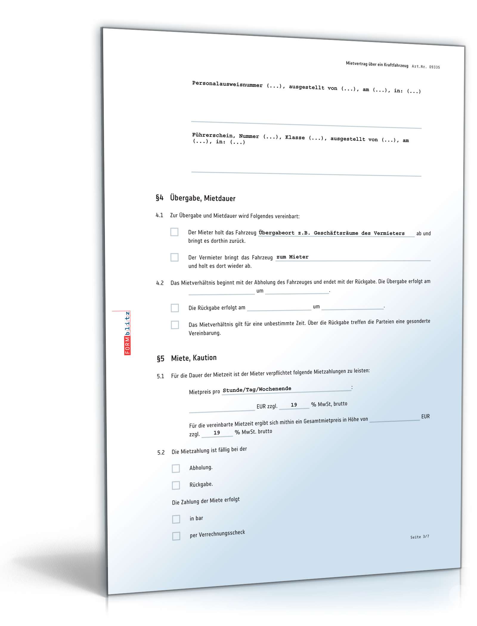 Kfz Mietvertrag PDF. Seite: 3