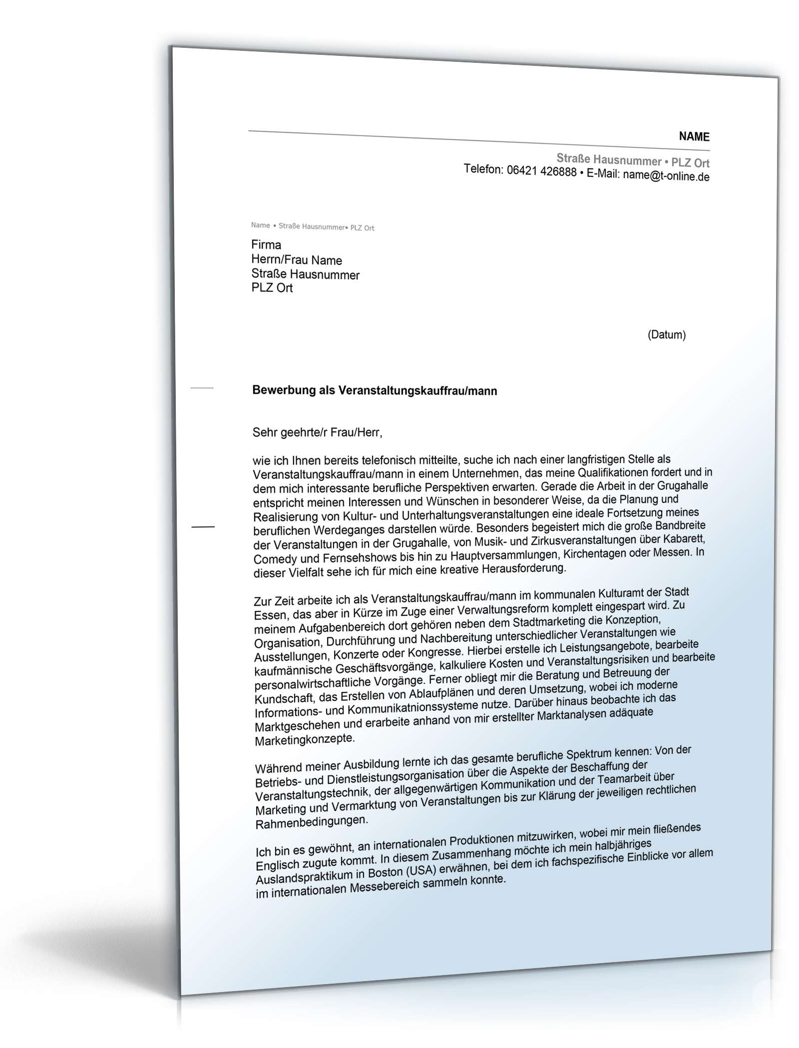 Anschreiben Bewerbung Eventmanagement Excel