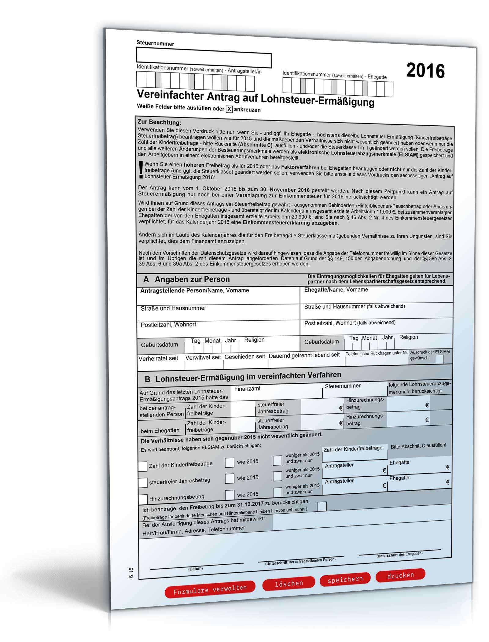 Vereinfachter Antrag auf Lohnsteuer-Ermäßigung 2016 PDF