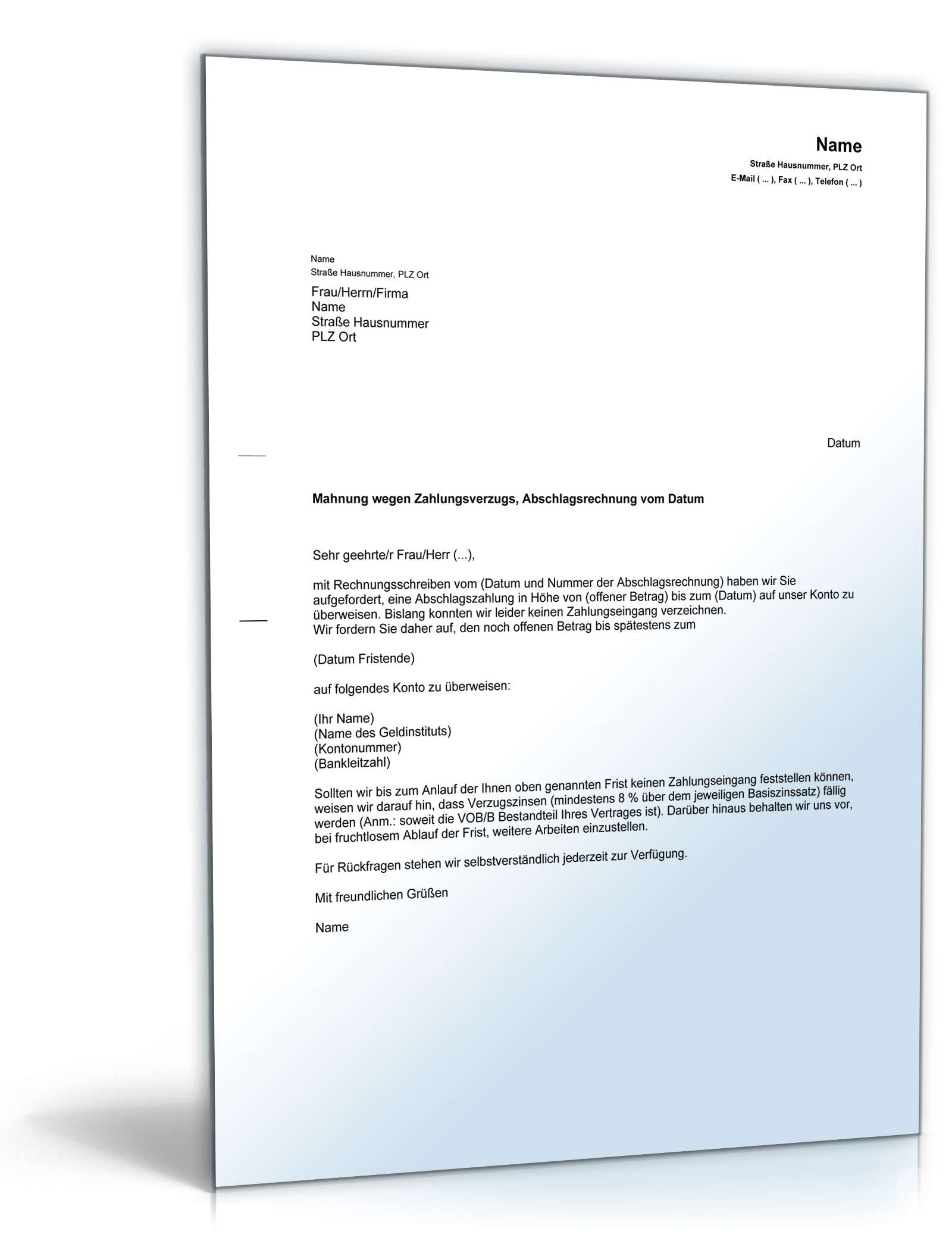 Mahnung Zahlungsverzug Verpflichtung Abschlagszahlung PDF