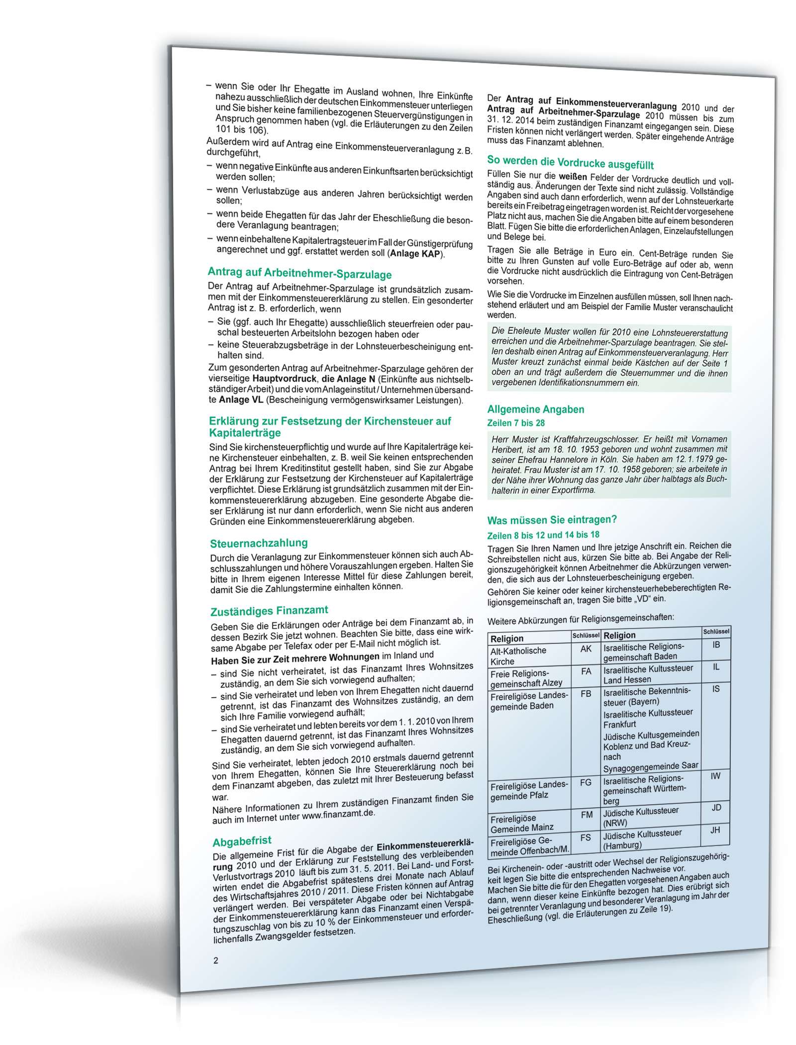 Anleitung zur Einkommensteuererklärung 2010 PDF. Seite: 2