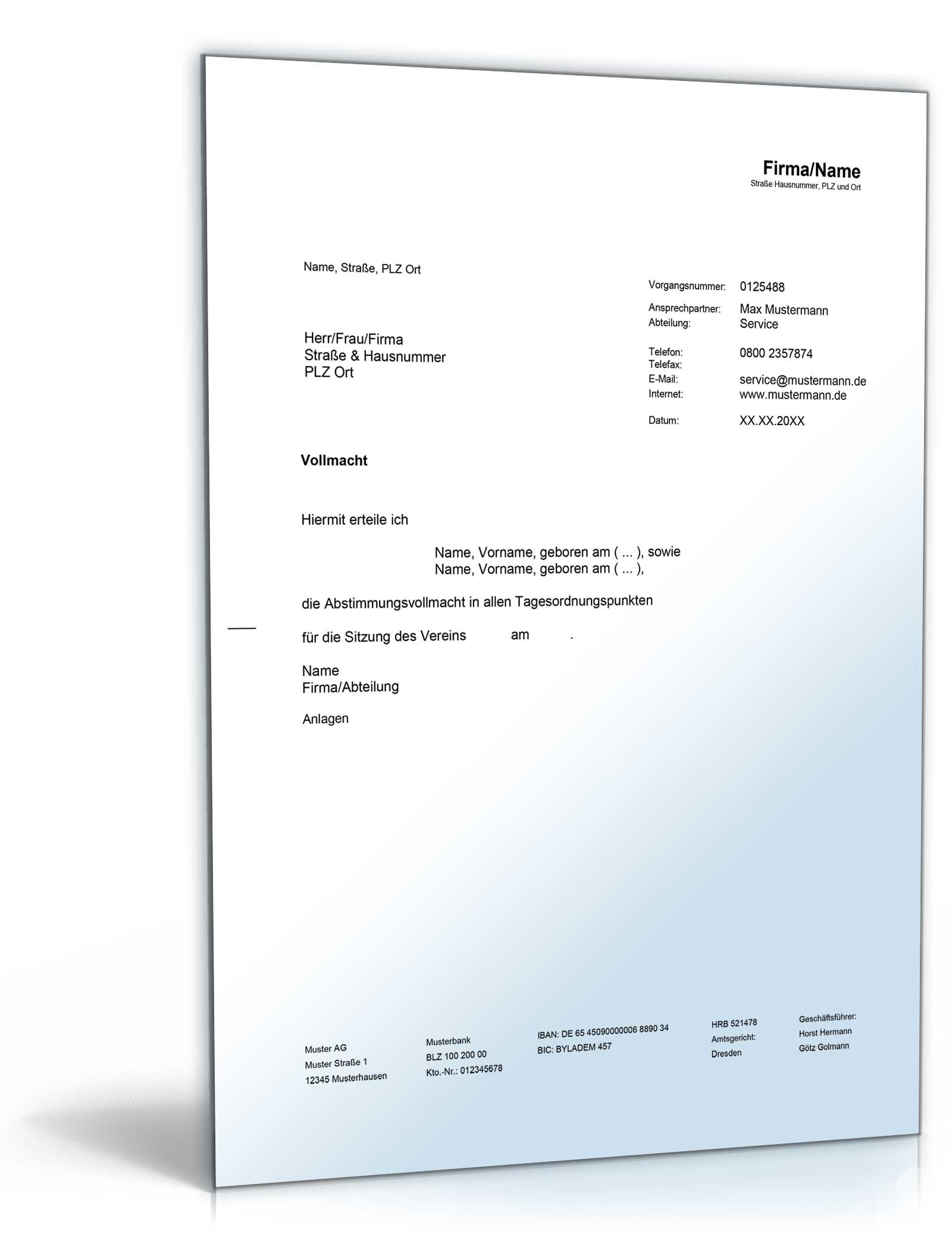 Abstimmungsvollmacht Vereinssitzung Word