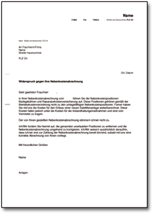 Widerspruch Nebenkostenabrechnung Word