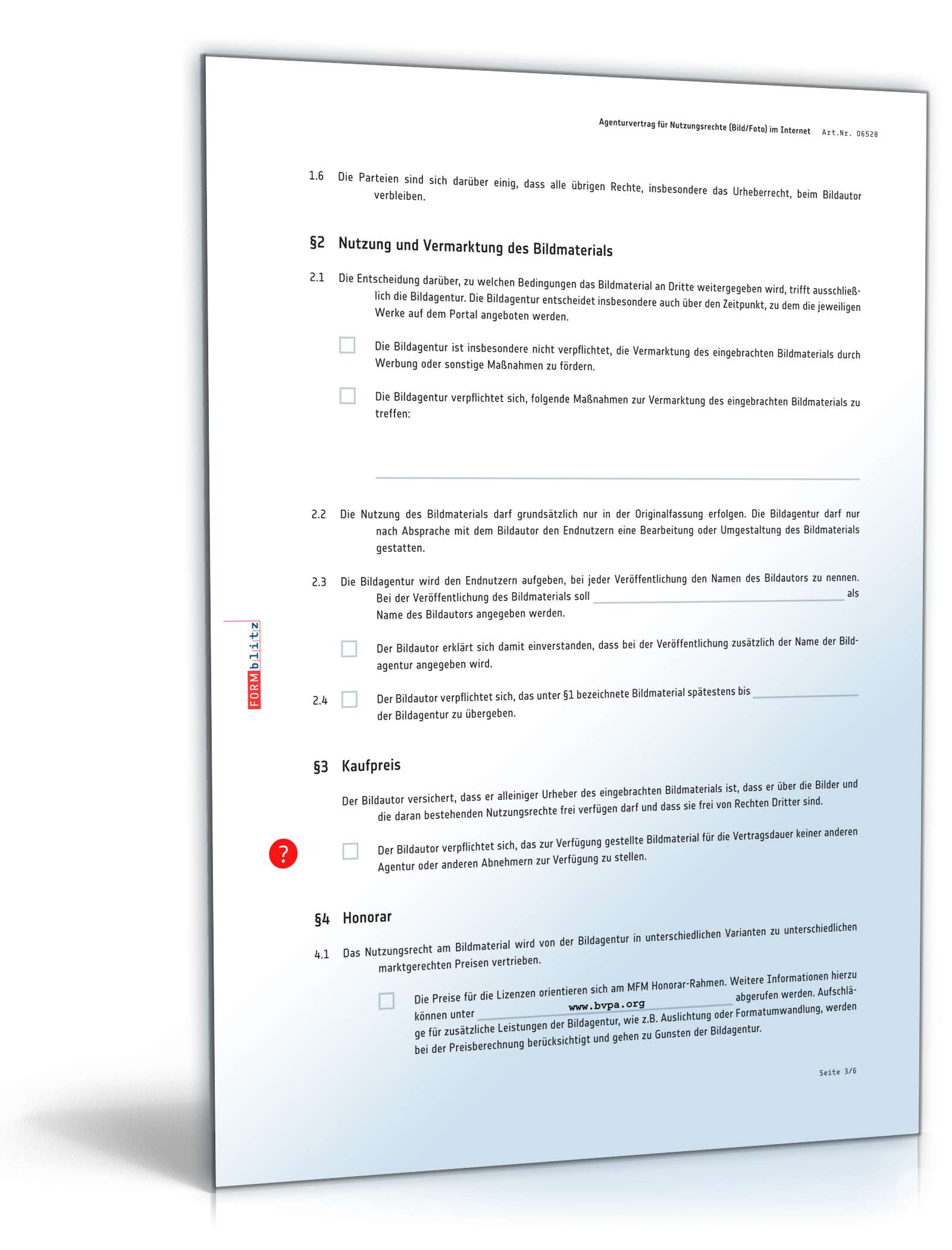 Agenturvertrag Nutzungsrechte Bild im Internet PDF. Seite: 3