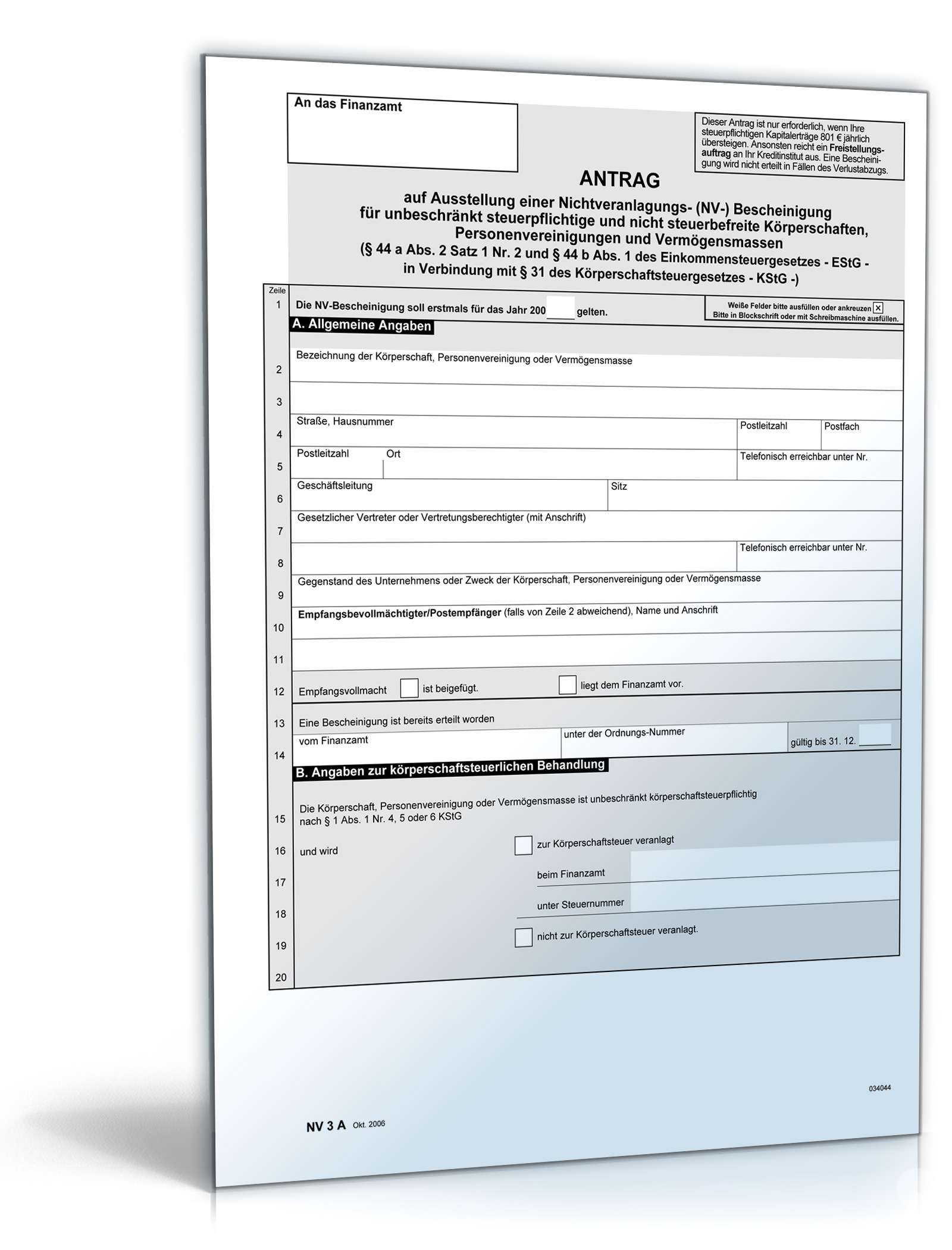 Antrag auf Ausstellung einer Nichtveranlagungsbescheinigung PDF