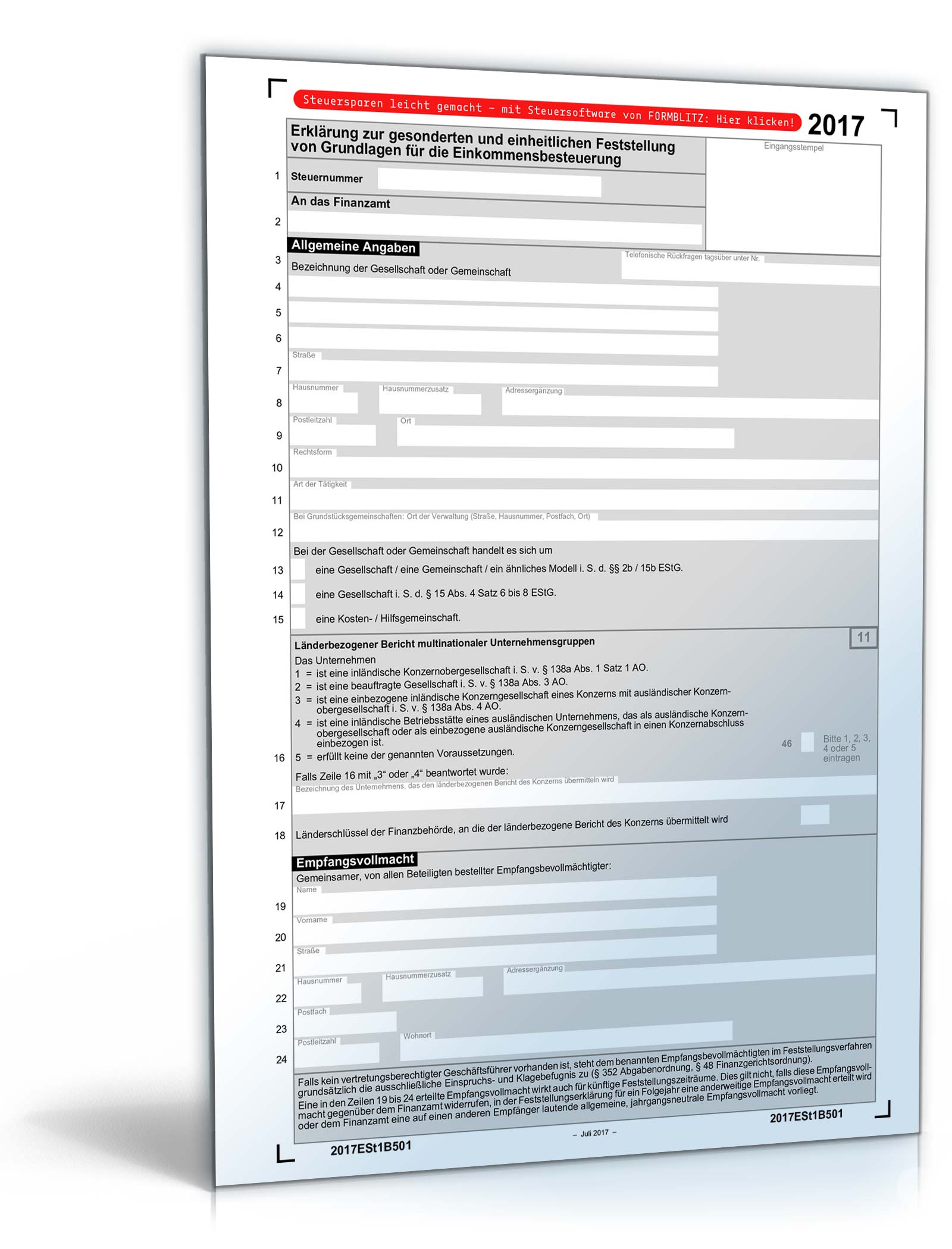 Erklärung zur gesonderten und einheitlichen Feststellung 2017 PDF