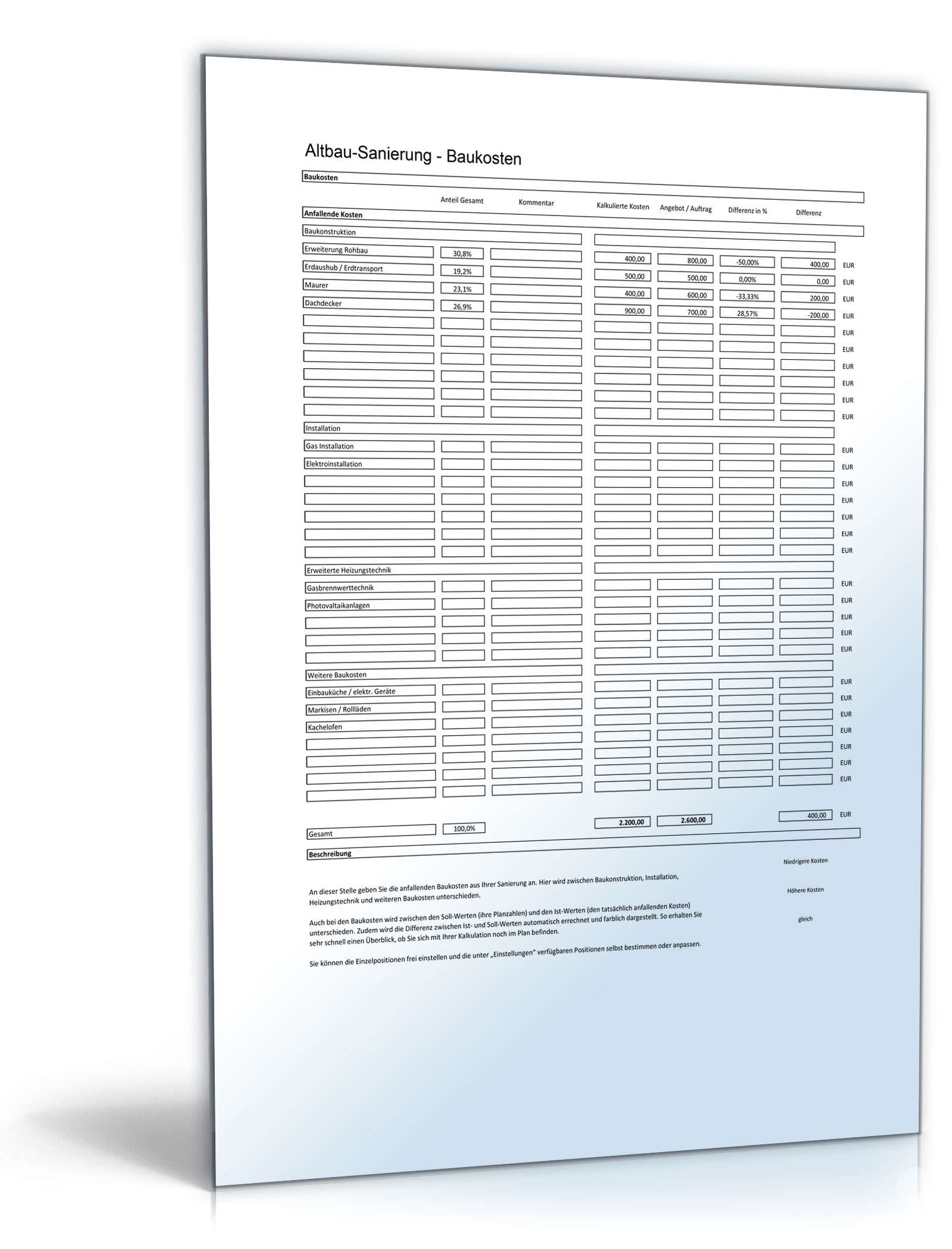 Kostenkalkulation Altbau-Sanierung Excel. Seite: 4