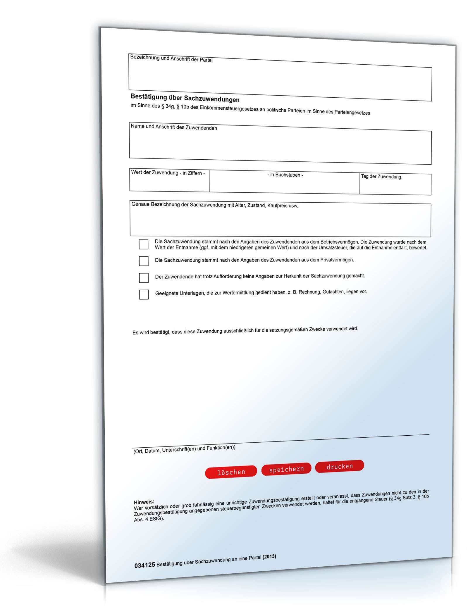 Spendenbescheinigung über Sachzuwendungen PDF