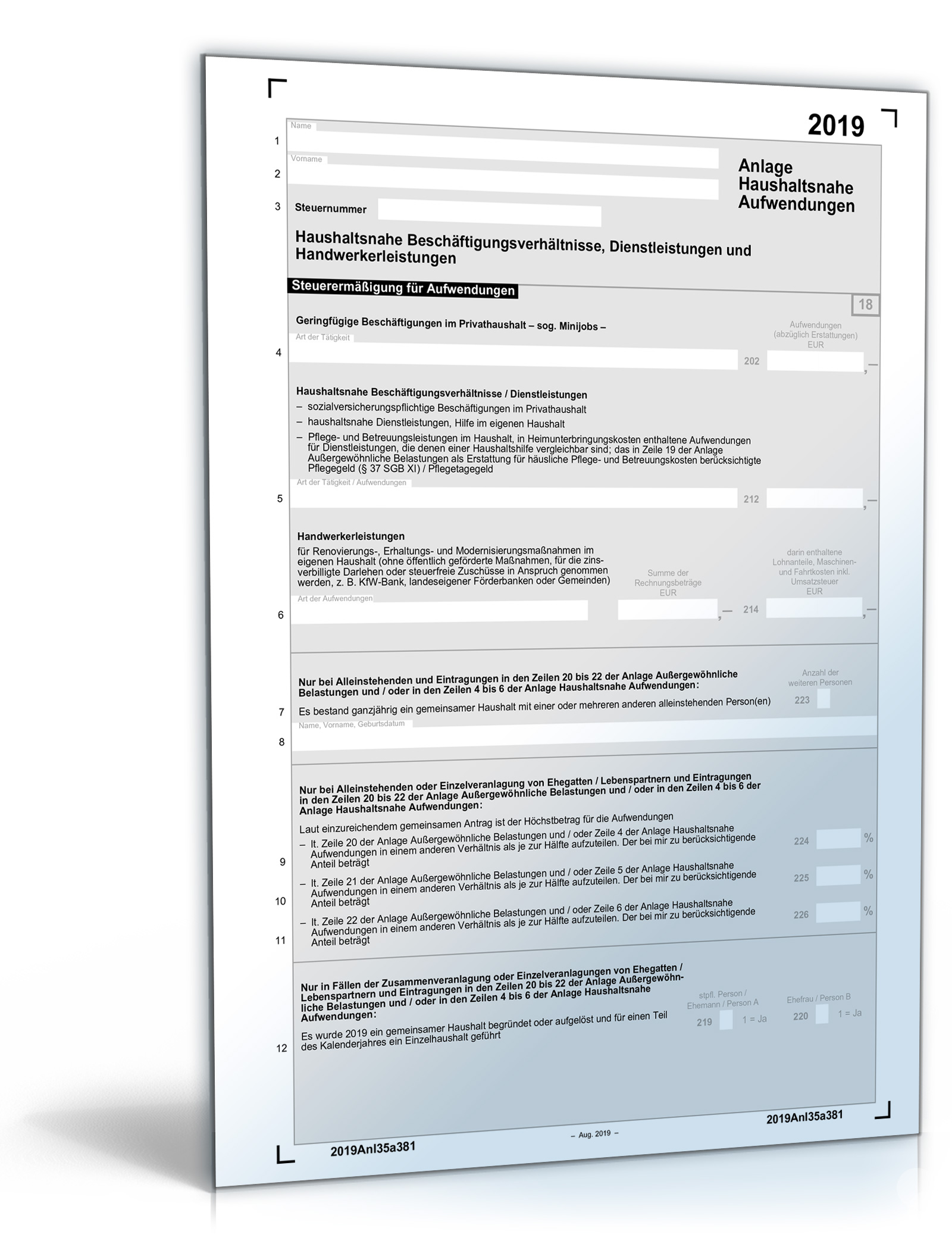 Anlage haushaltsnahe Aufwendungen 2019 PDF